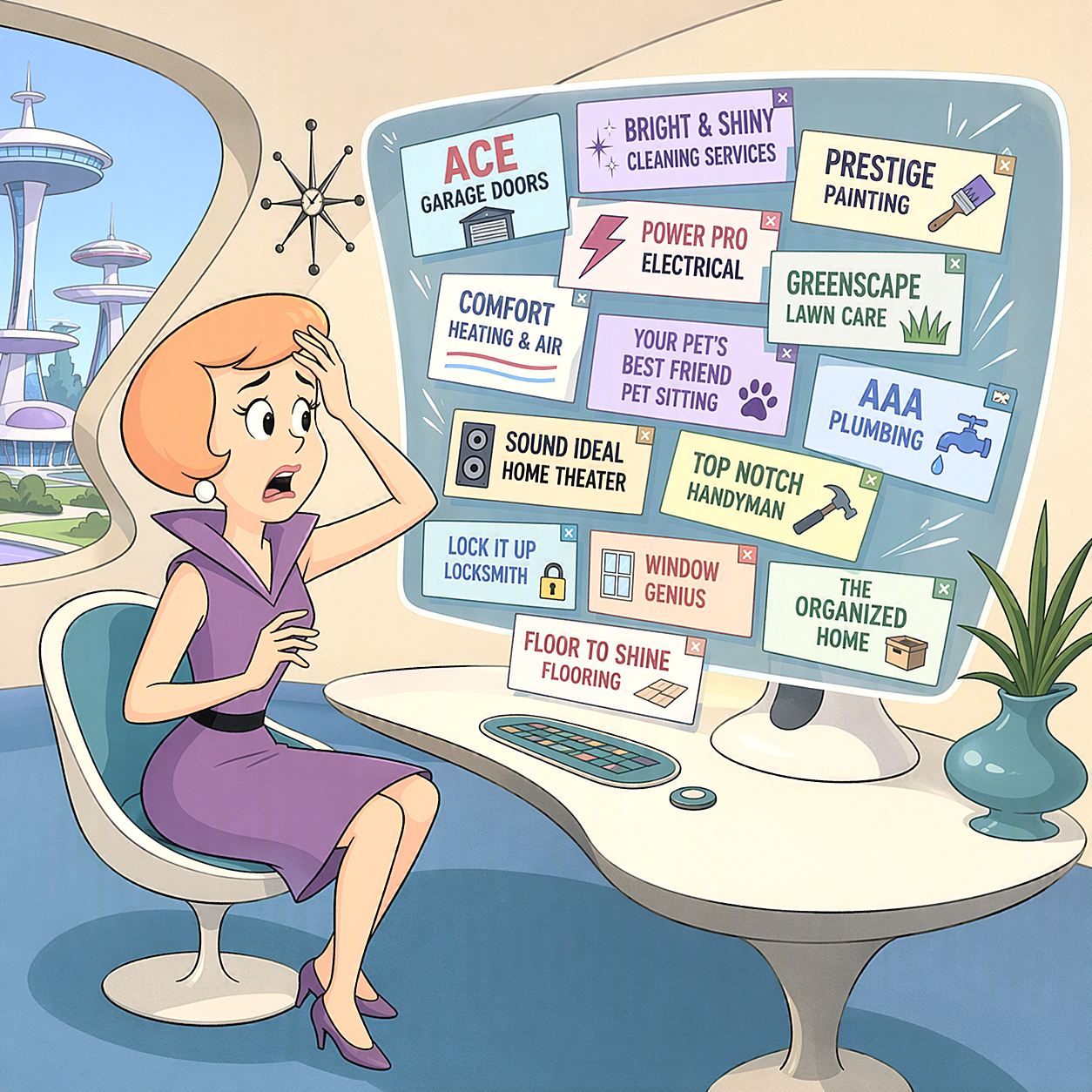 A cartoon woman sitting at a desk with a surprised or worried expression, holding her head with one hand. On her desk is a remote control and a pop-up note that says 'FLOOR TO SHINE FLOORING.' Behind her, there is a large computer monitor displaying many colorful sticky notes with various home service names, including garage doors, cleaning, painting, electrical, landscaping, pet sitting, home theater, locksmith, flooring, windows, handyman, and home organization. In the background, outside the window, there is a cityscape with futuristic buildings and the Space Needle.