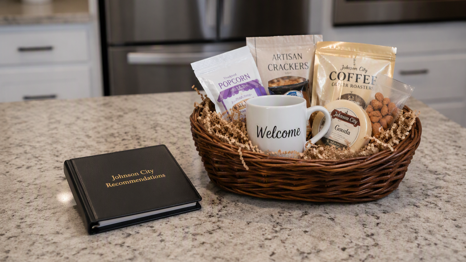 Welcome basket with coffee, snacks, and aRecommendations booklet on a kitchen countertop.