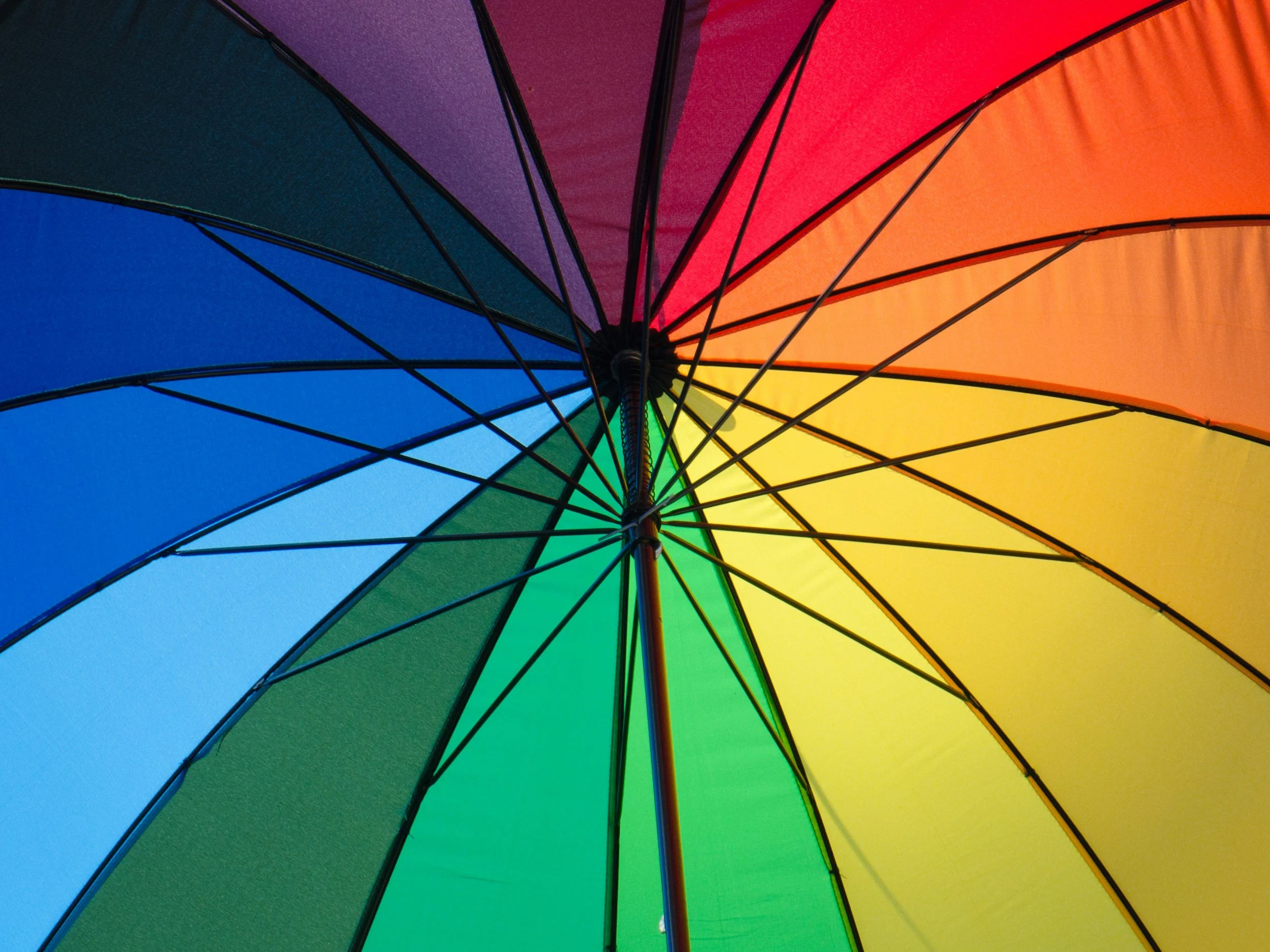 A rainbow-colored umbrella viewed from beneath, displaying multicolored panels including blue, green, yellow, orange, red, purple, and teal, with black ribs and handle.