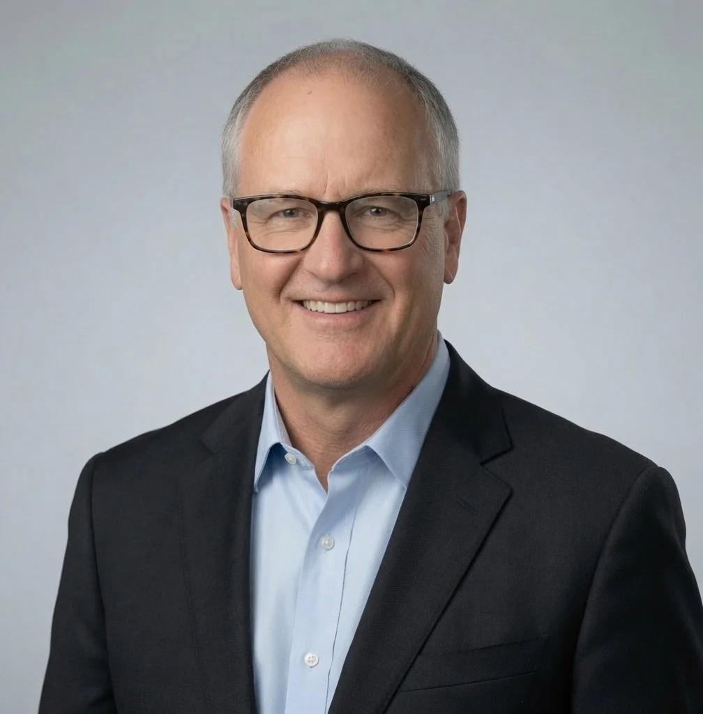 A smiling middle-aged man with glasses, wearing a black blazer and light blue collared shirt, against a plain light gray background.