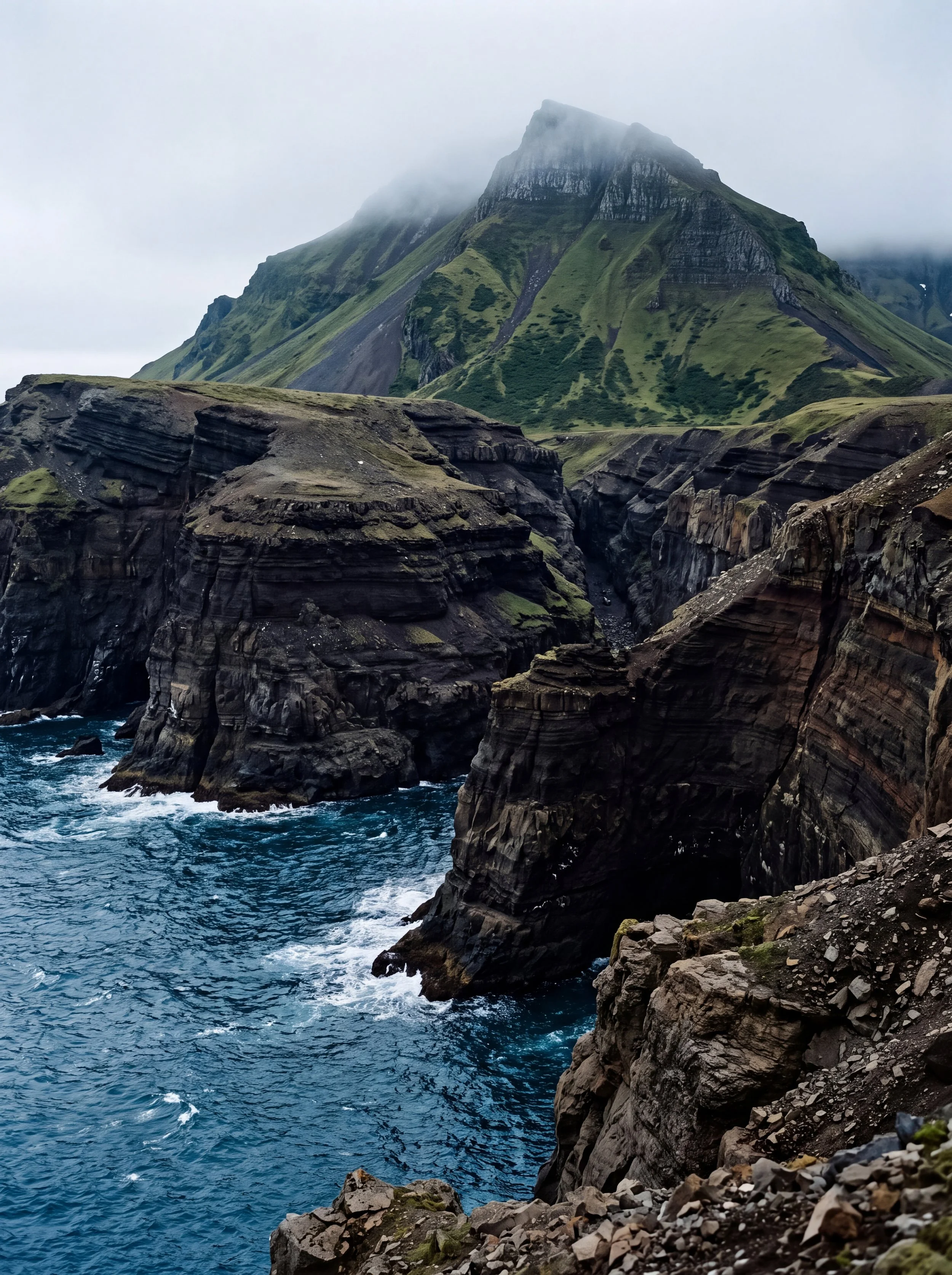 Cliffside view of a coastal mountain with green vegetation, with dark rocky cliffs and rough blue ocean waves at the base under an overcast sky with fog.