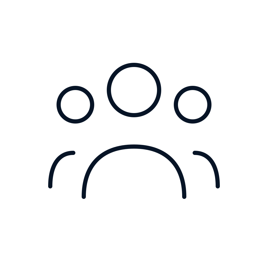 Outline icon of a person with three circles above head representing a group or team.