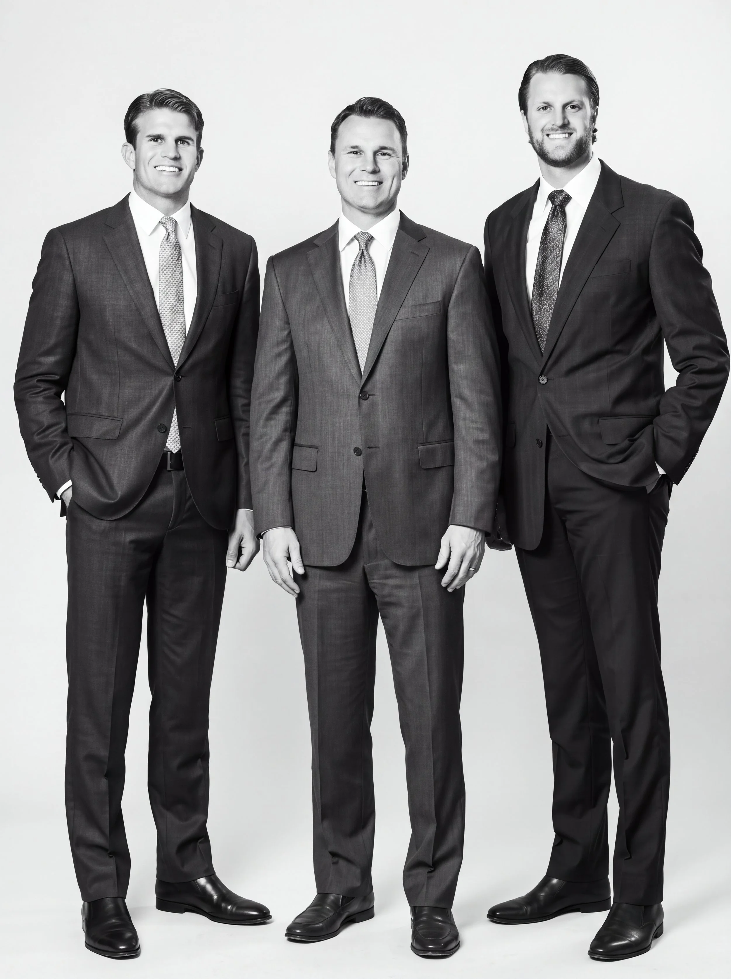 Three men in suits standing together smiling in a black-and-white photo.