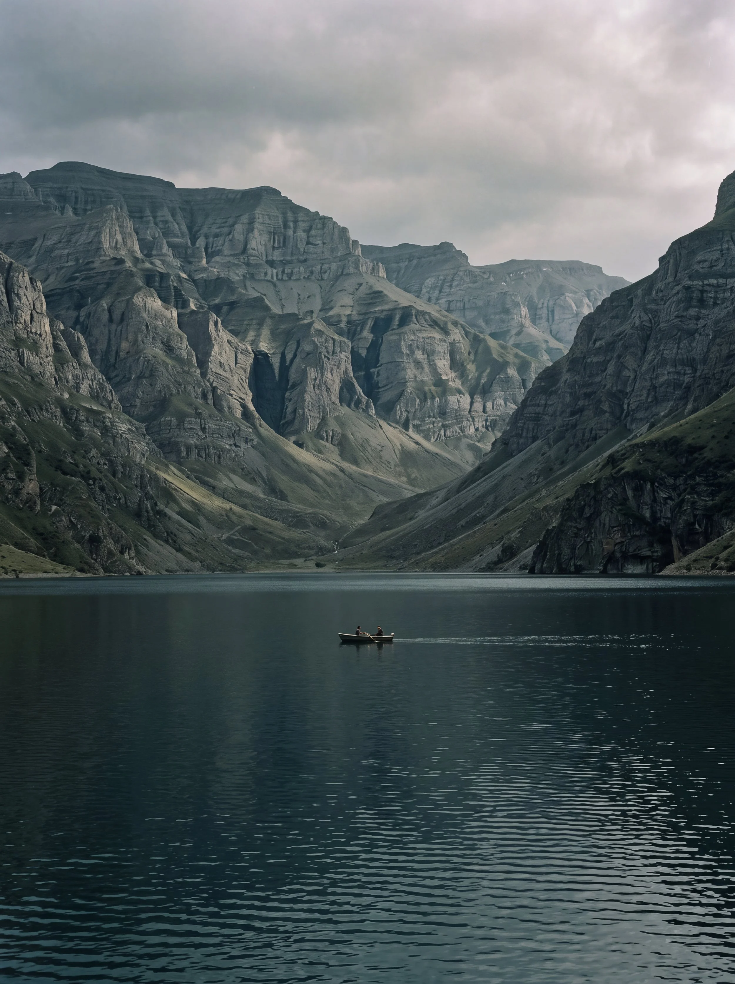 A small boat with two people floating on a calm lake surrounded by steep, rocky mountains under a cloudy sky.