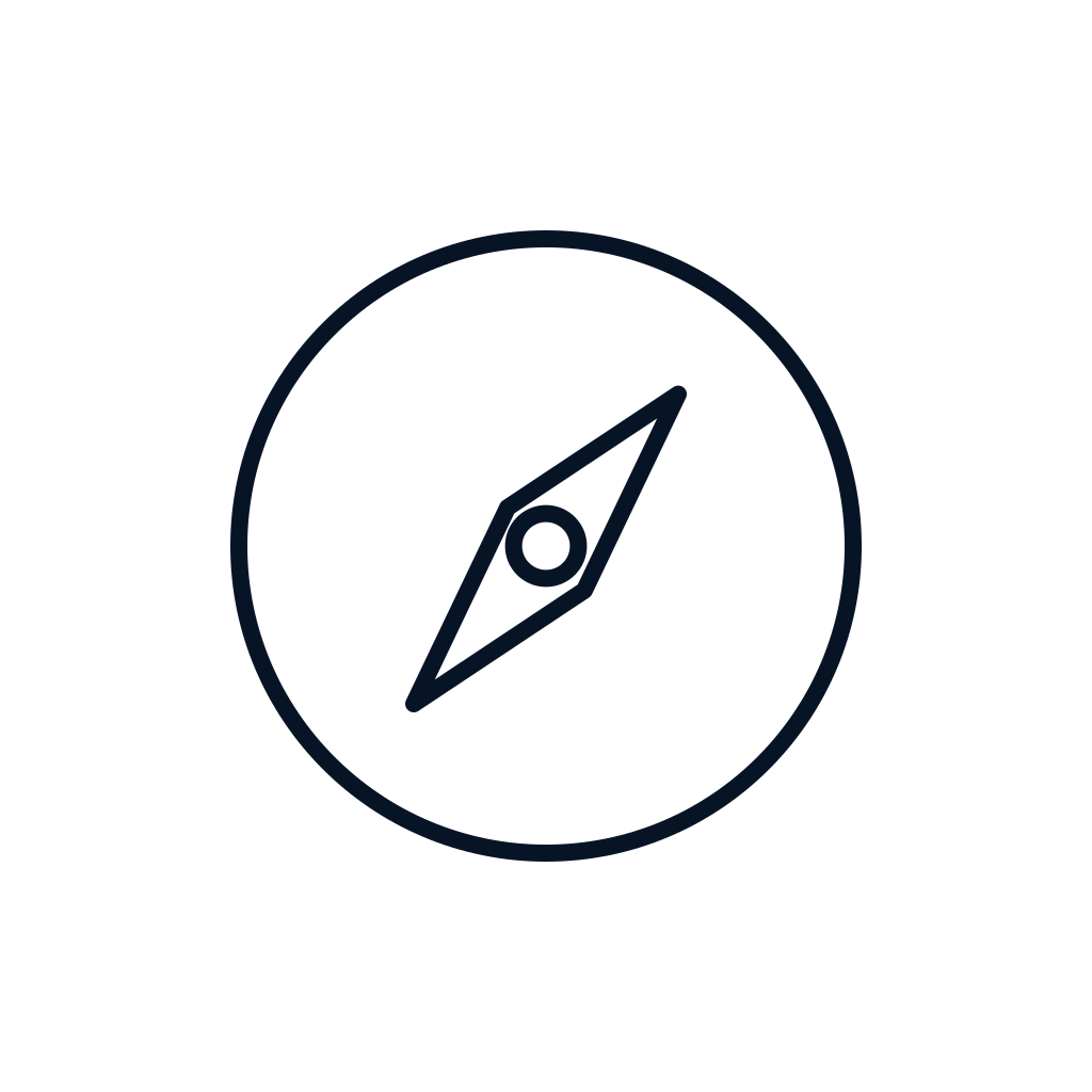 A compass icon with a dark background.