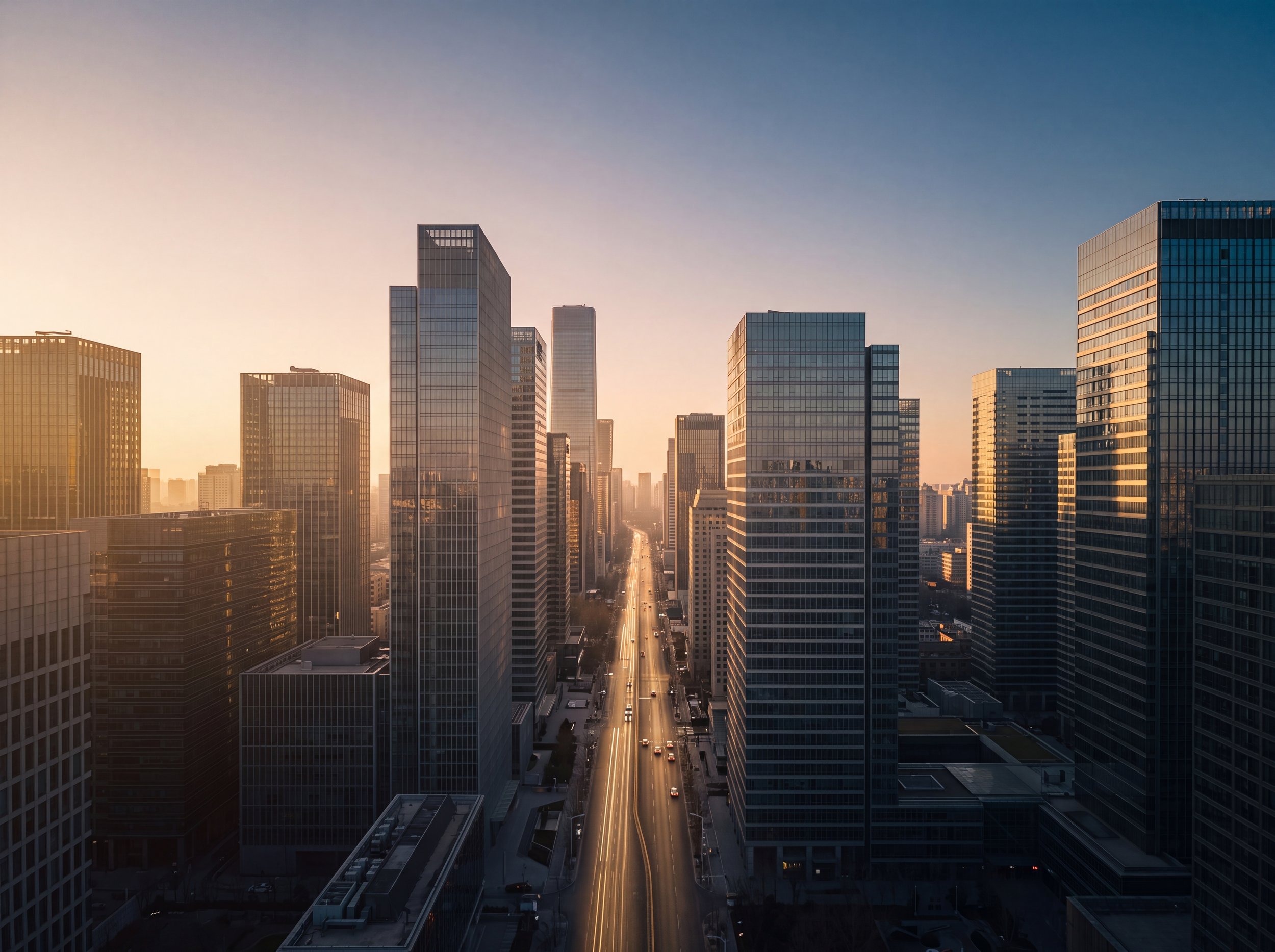A cityscape at sunset with tall modern glass skyscrapers and a busy road below.