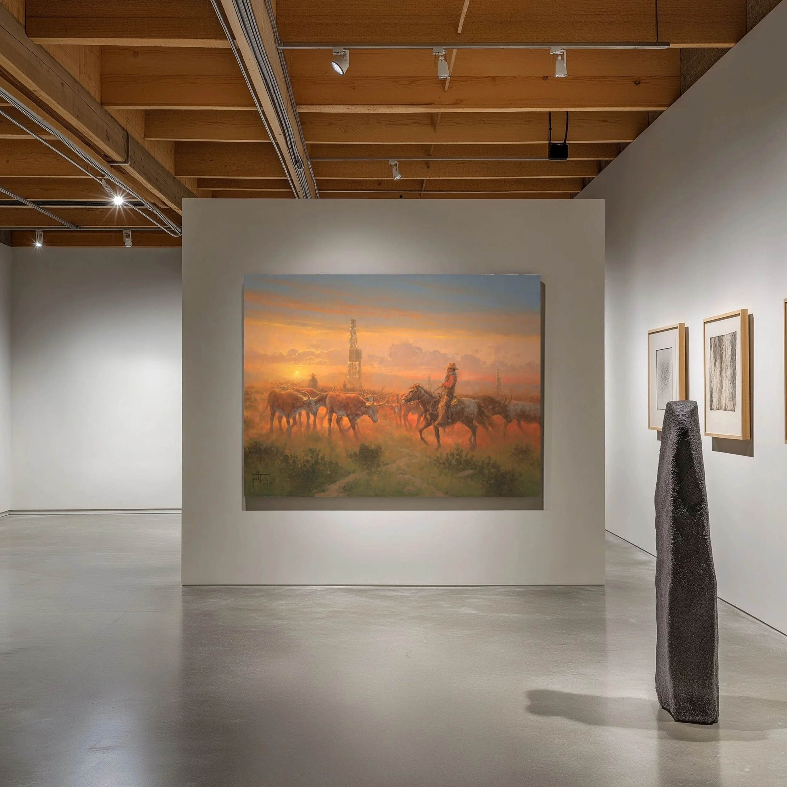 Western oil painting by Jack Terry featuring horseback riders at sunset in a Texas oil field.
