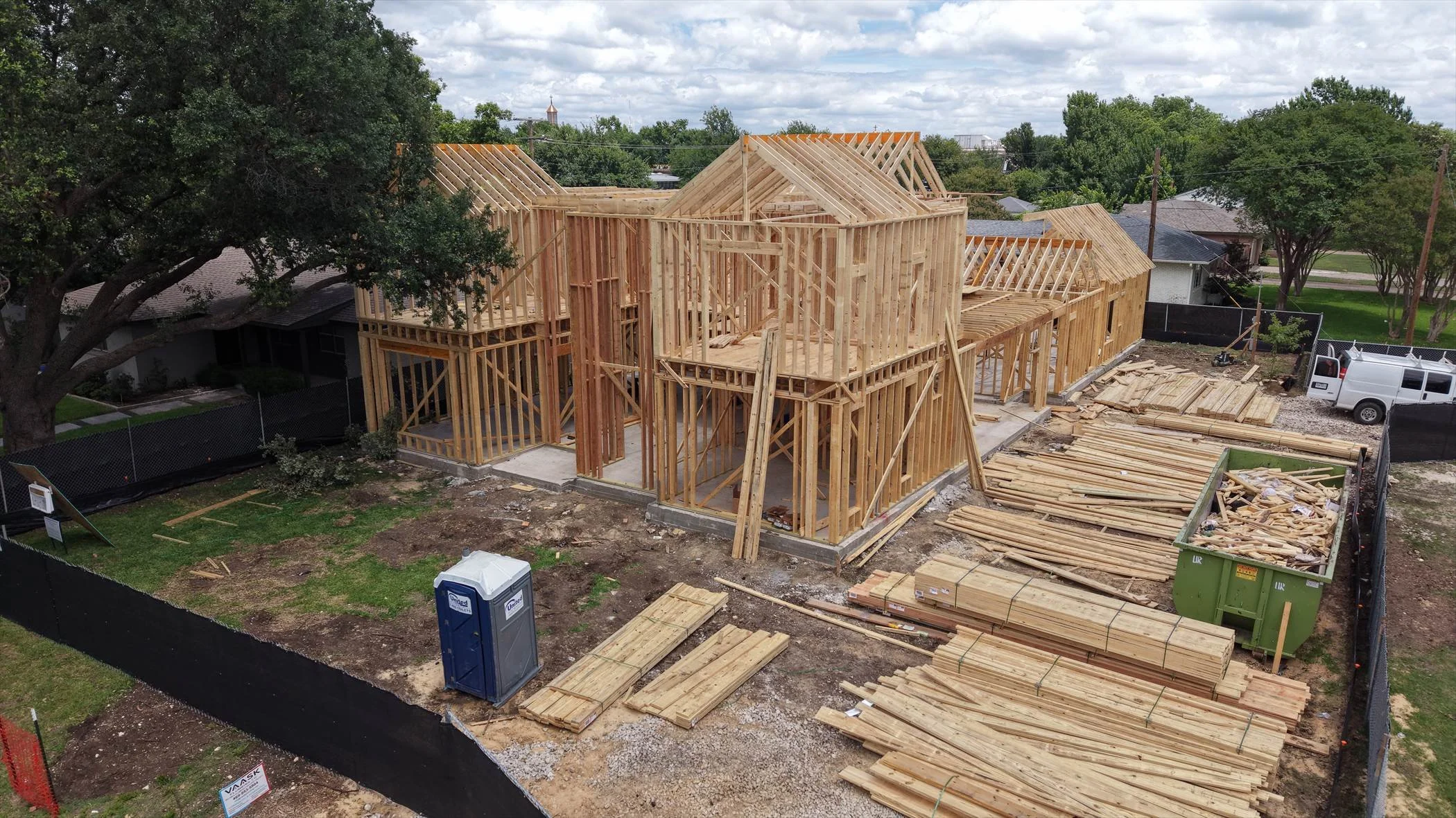 Aerial framing progress from the rear at 9904 Ontario Ln.