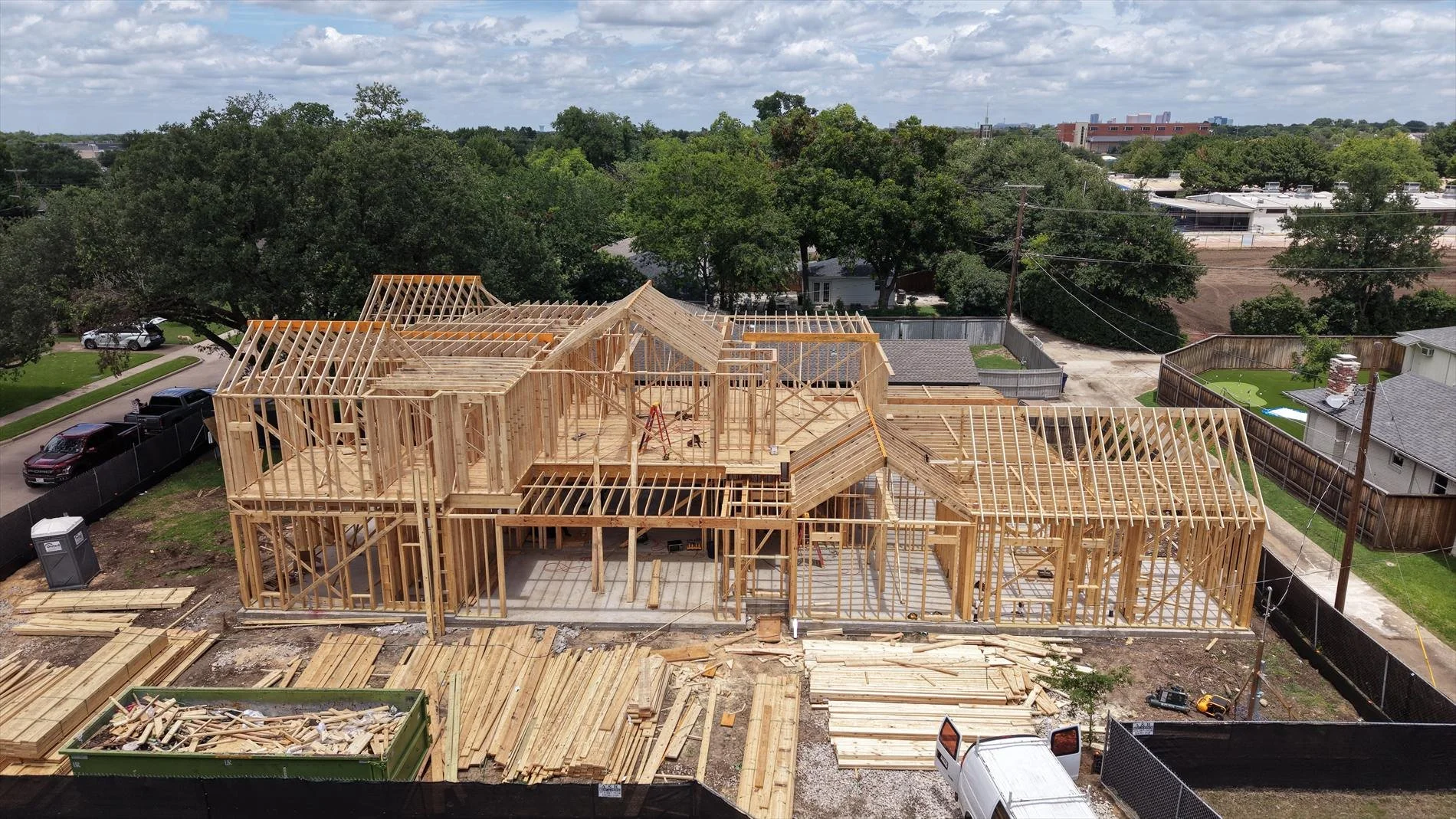 Aerial framing progress at 9904 Ontario Ln.