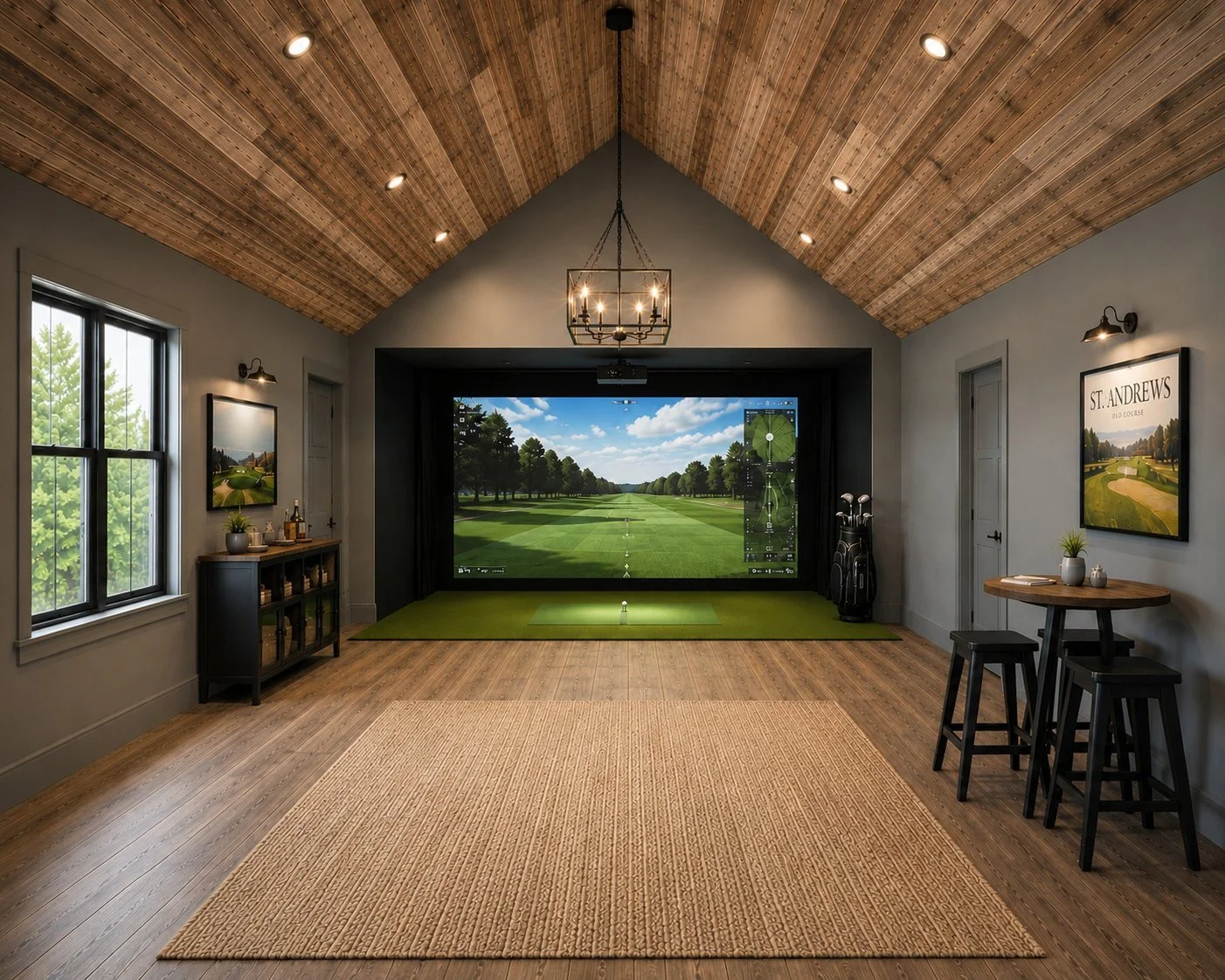Indoor golf simulator room at 3150 Glengold Dr.