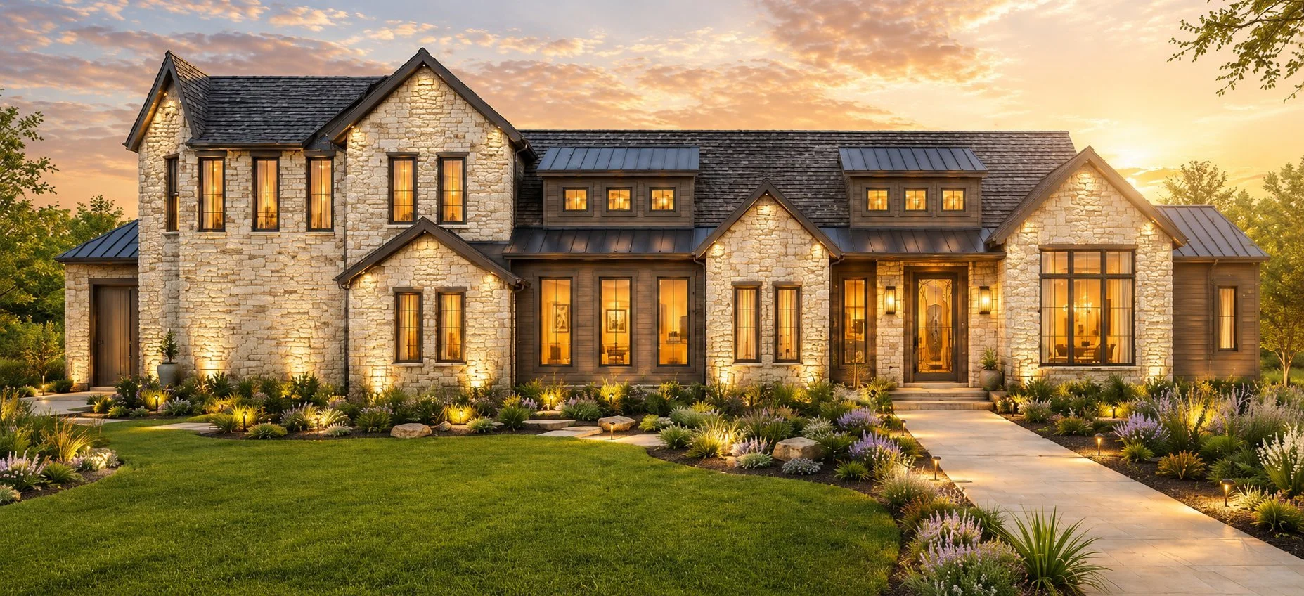 3150 Glengold Drive custom stone home at sunset with warm-lit windows, front walkway, and landscaped garden.