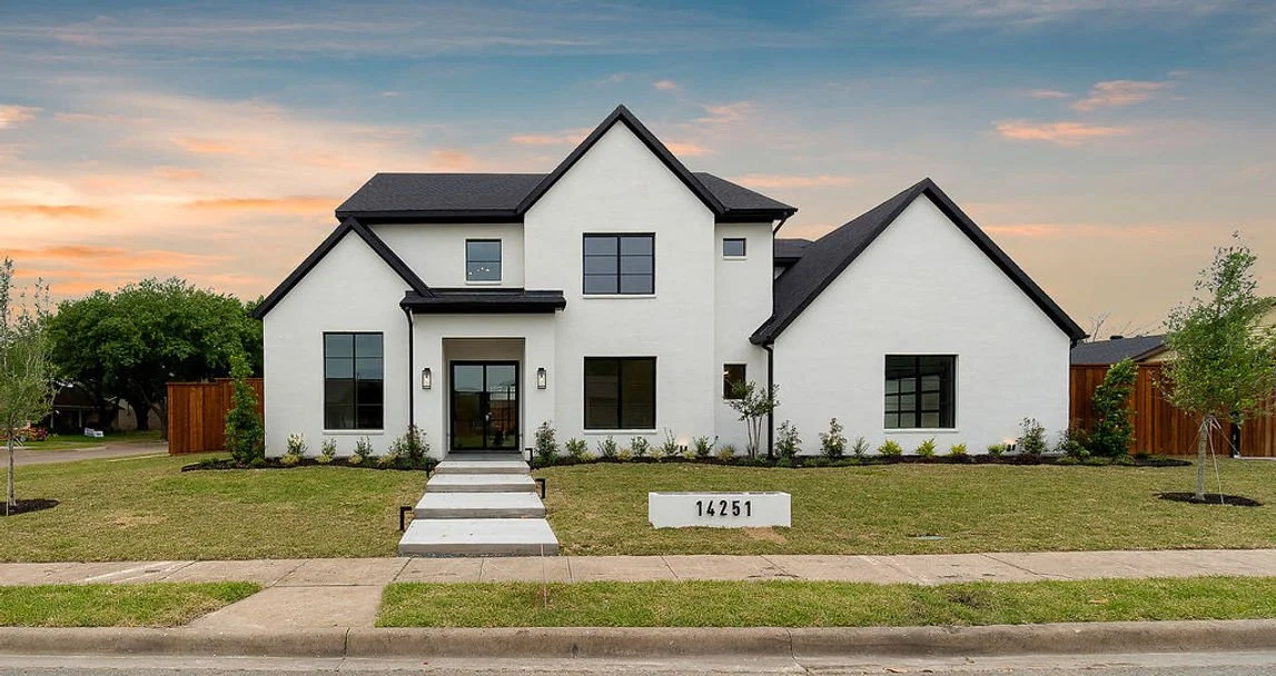 Front elevation of 14251 Southern Pines Dr custom home in Farmers Branch, Texas