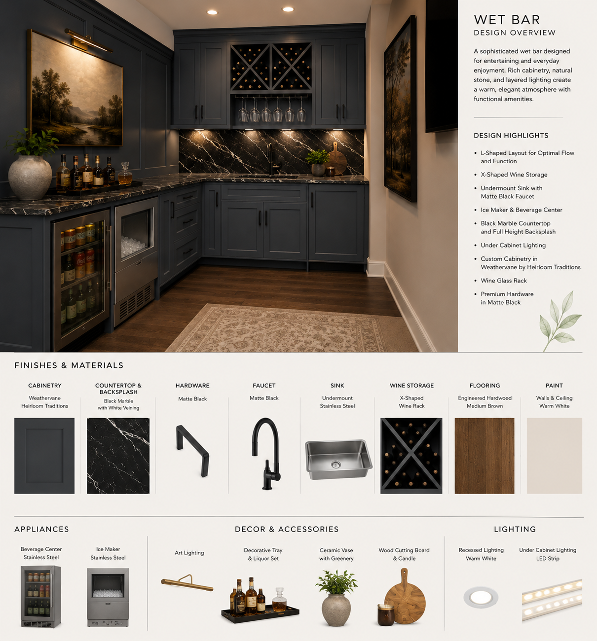 Dark-cabinet wet bar design concept with sink, lighting and finish samples for 14324 Southern Pines Dr.