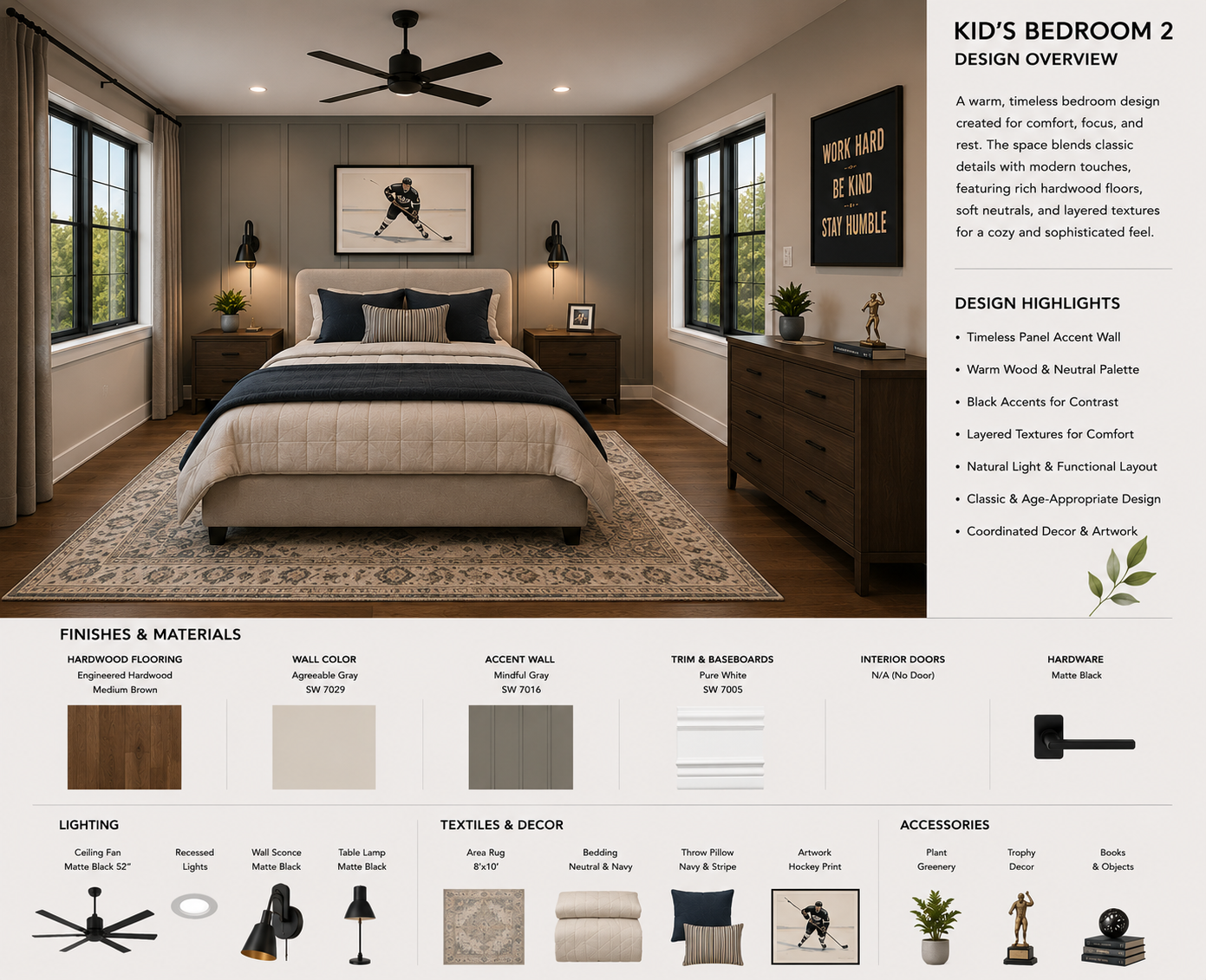 Guest bedroom design concept with a paneled accent wall and hockey artwork for 14324 Southern Pines Dr.