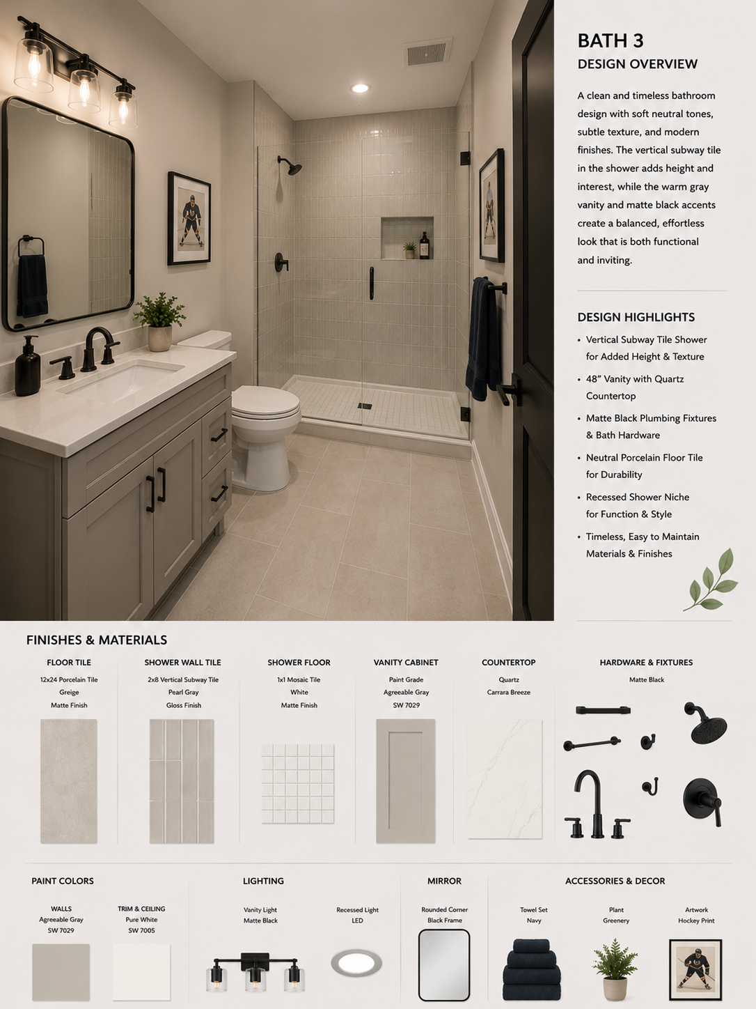 Bathroom design concept with a white vanity and glass-enclosed shower for 14324 Southern Pines Dr.