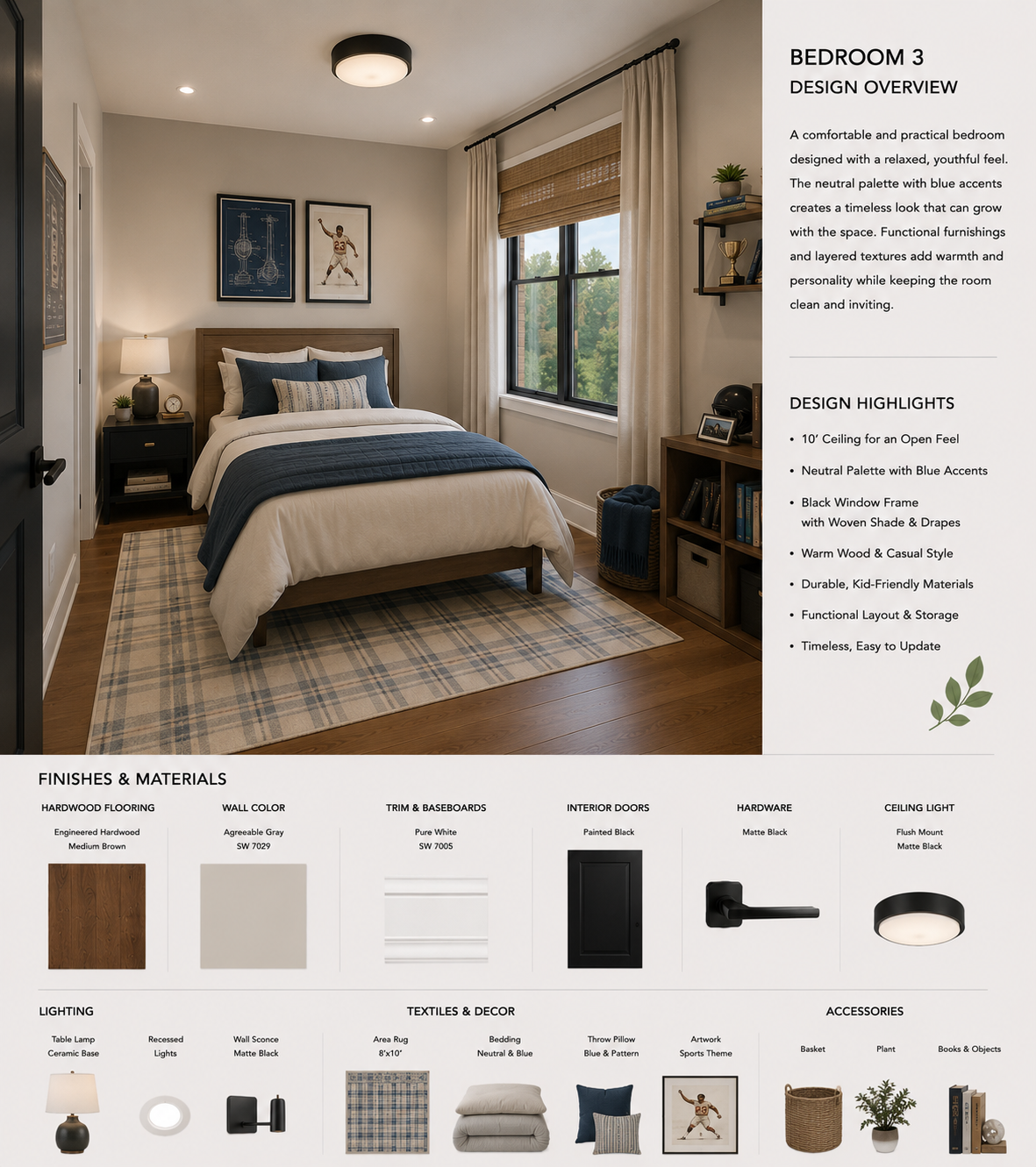Guest bedroom design concept with a blue paneled accent wall for 14324 Southern Pines Dr.