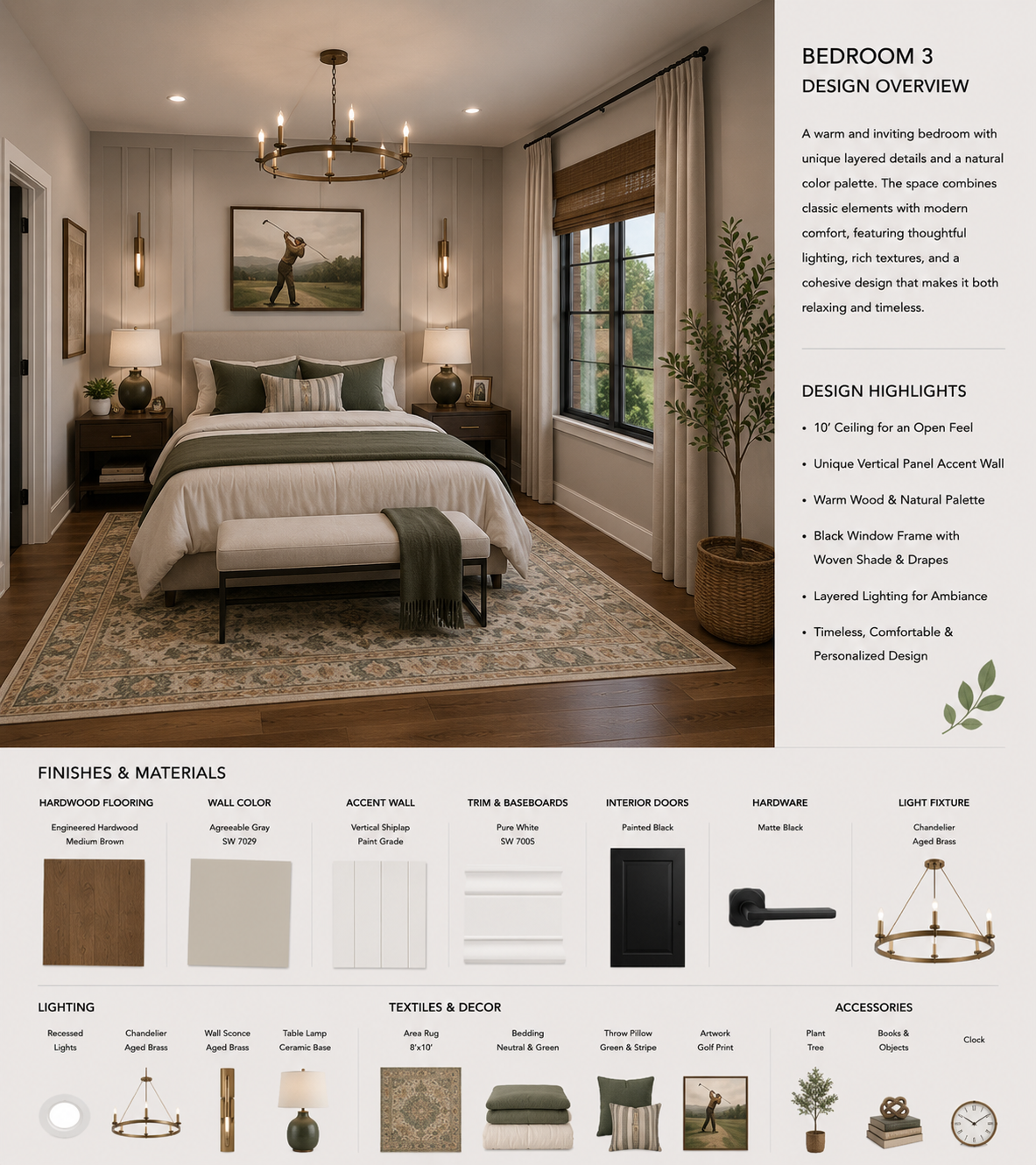 Guest bedroom design concept with neutral furnishings, wood flooring and a chandelier for 14324 Southern Pines Dr.