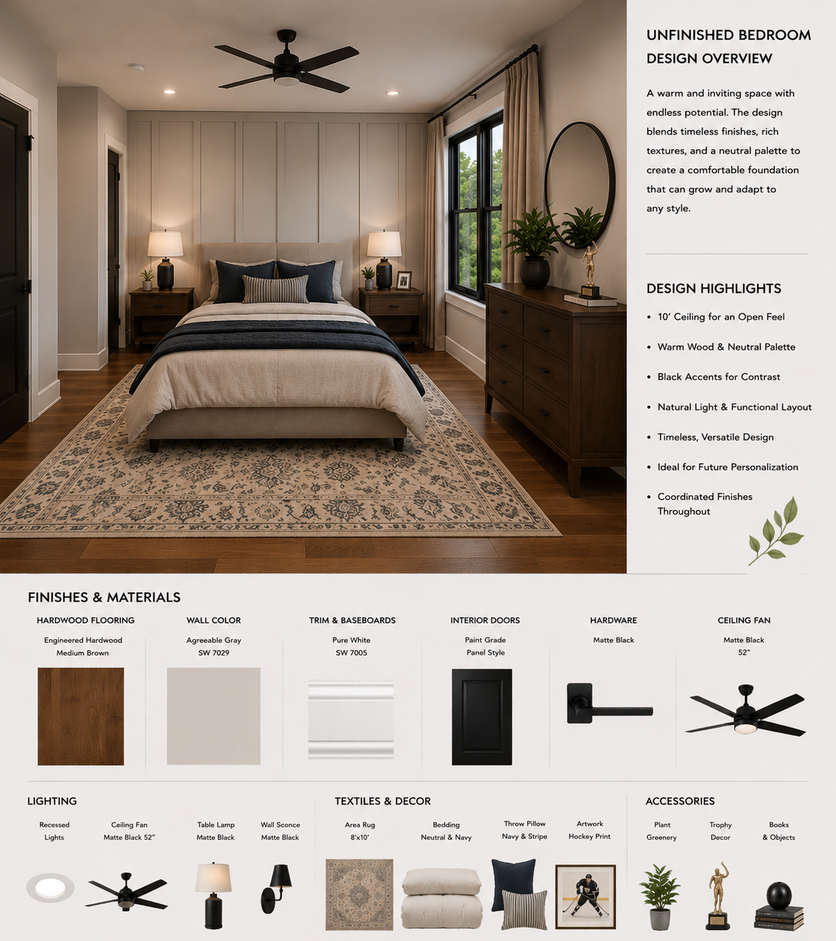 Guest bedroom design concept with arched windows, neutral furnishings and wood flooring for 14324 Southern Pines Dr.