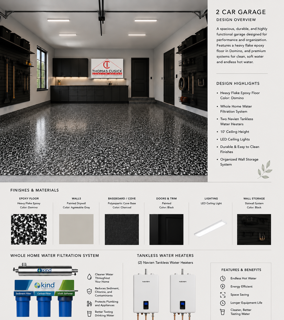 Three-car garage design board with dark flooring and finish selections for 14324 Southern Pines Dr.
