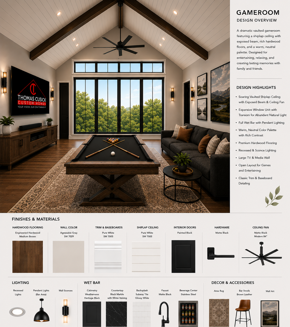 Sunroom design concept with a vaulted beamed ceiling and large windows for 14324 Southern Pines Dr.
