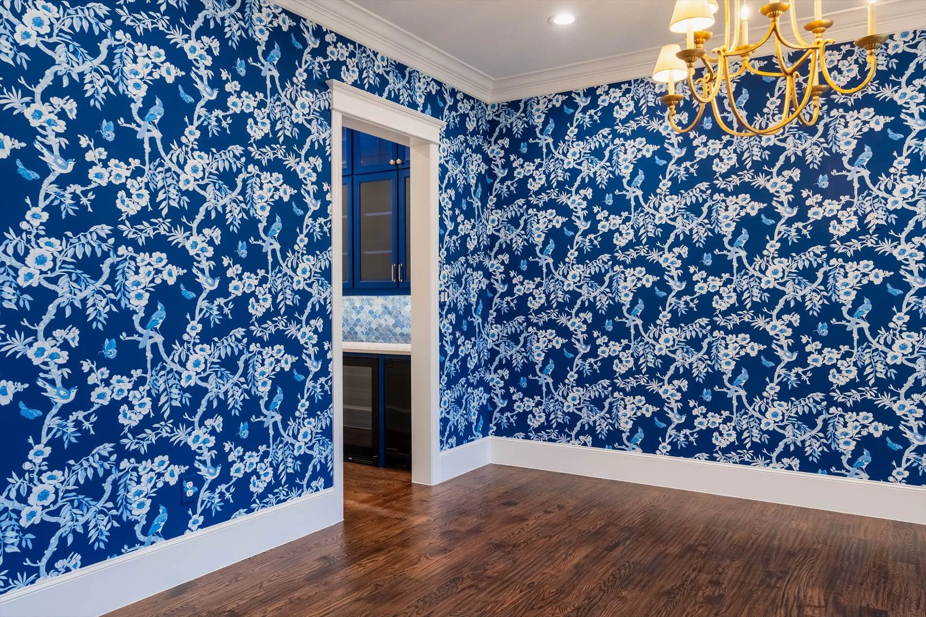  Blue floral wallpaper feature wall at 1095 Lathrop Dr custom home in Dallas, Texas 