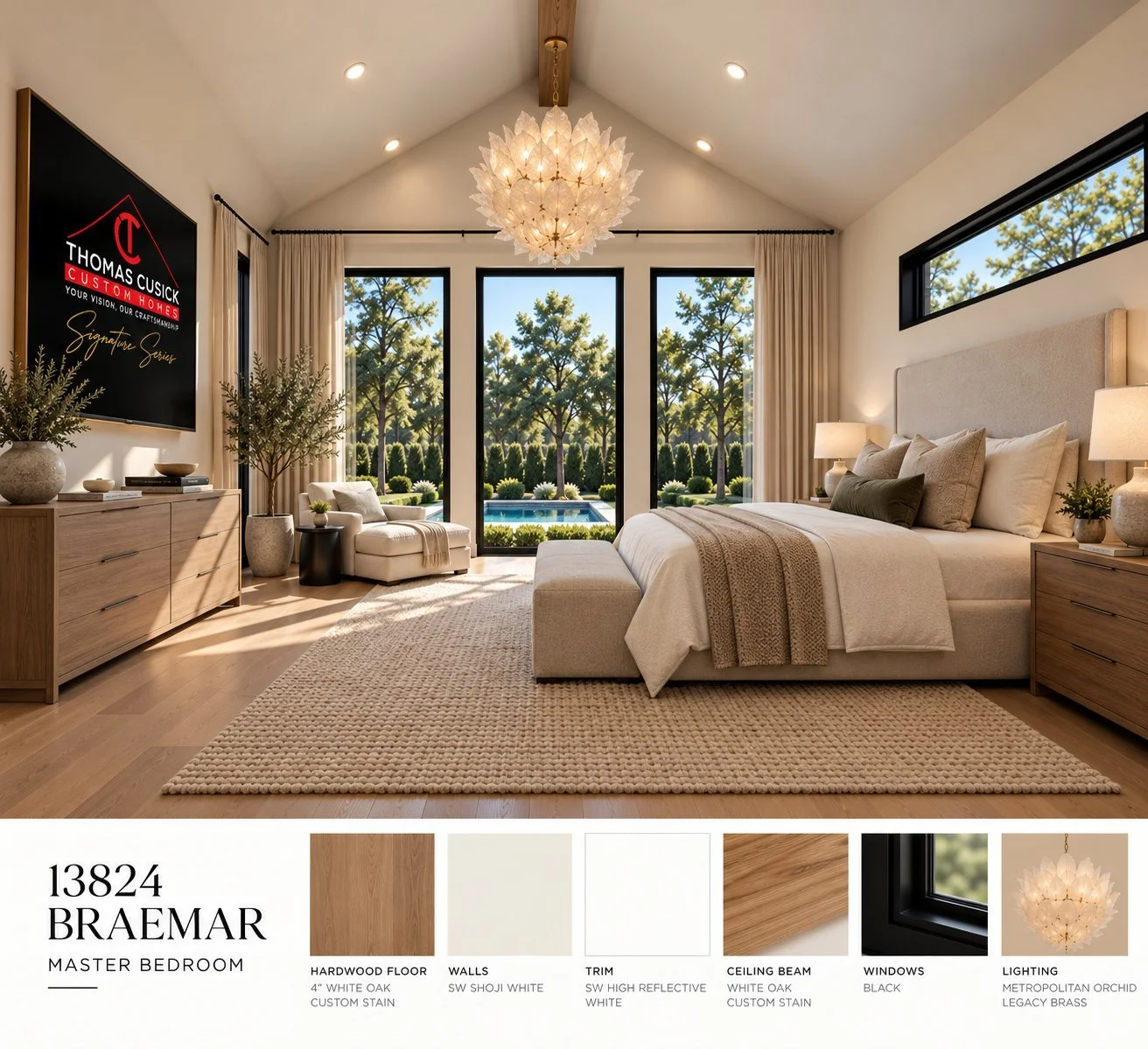 Architectural rendering of Primary bedroom design and finishes proposed for 13824 Braemar Dr in Dallas, Texas.