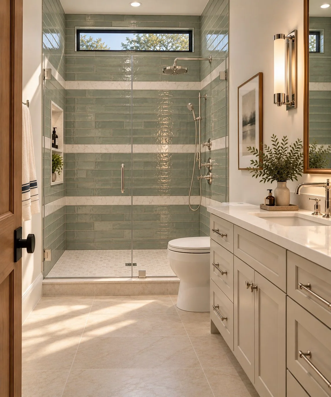 Architectural rendering of Guest bathroom with shower and vanity proposed for 13824 Braemar Dr in Dallas, Texas.