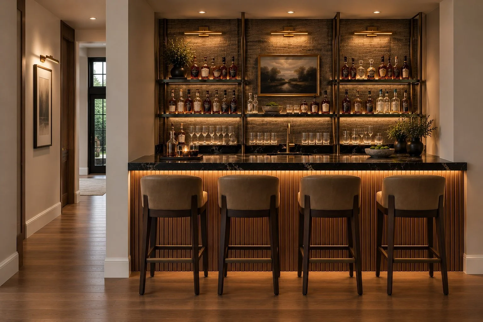 Architectural rendering of Custom bar with illuminated shelving proposed for 13824 Braemar Dr in Dallas, Texas.