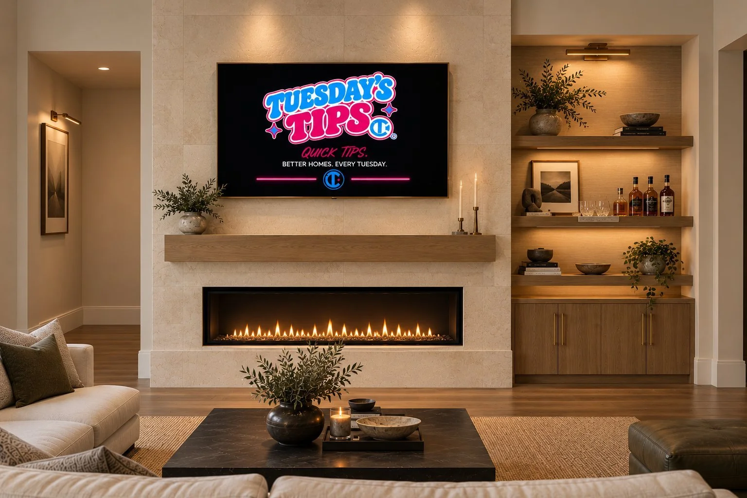 Architectural rendering of Living room fireplace and built-in cabinetry proposed for 13824 Braemar Dr in Dallas, Texas.