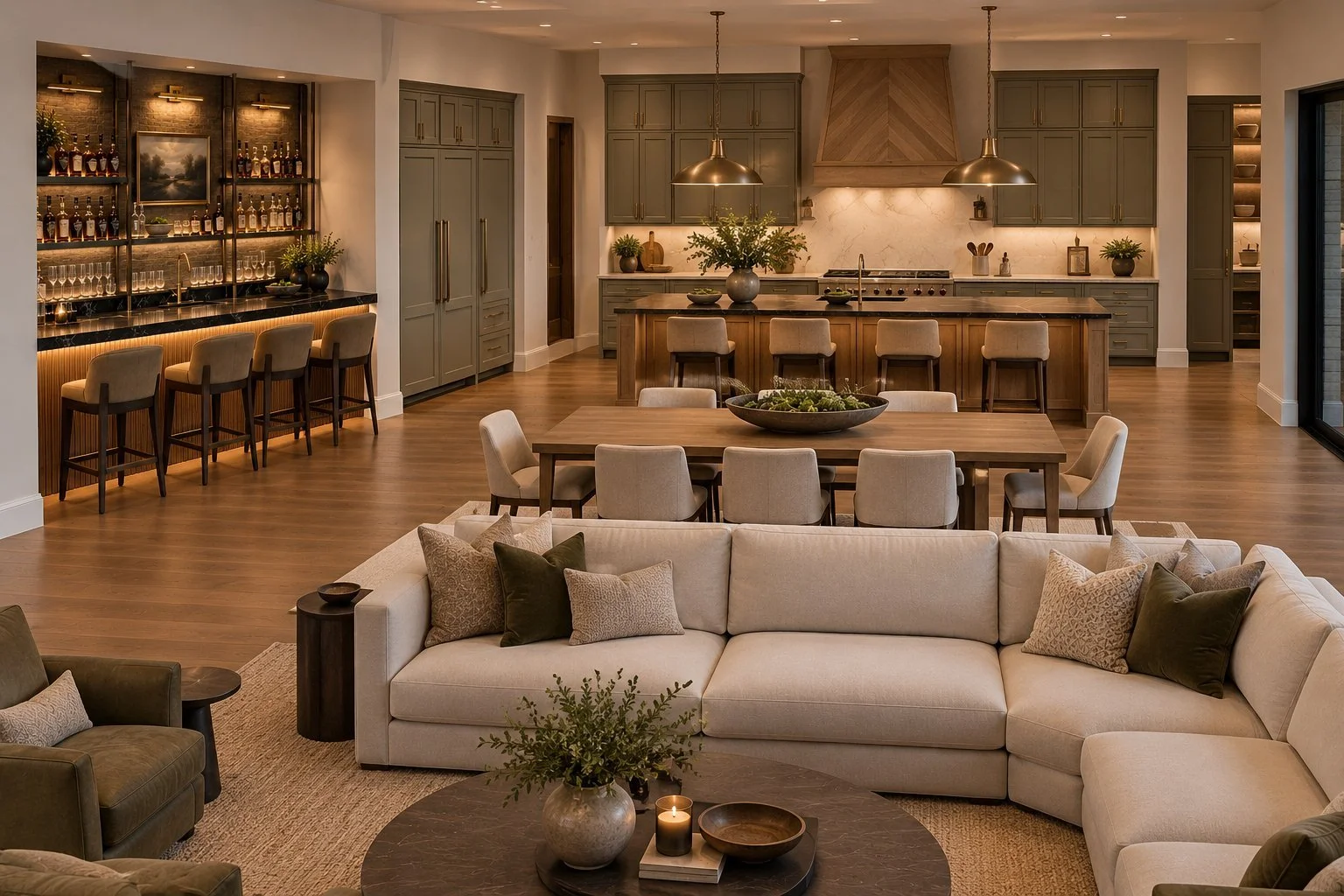 Architectural rendering of Open-plan living room and kitchen proposed for 13824 Braemar Dr in Dallas, Texas.