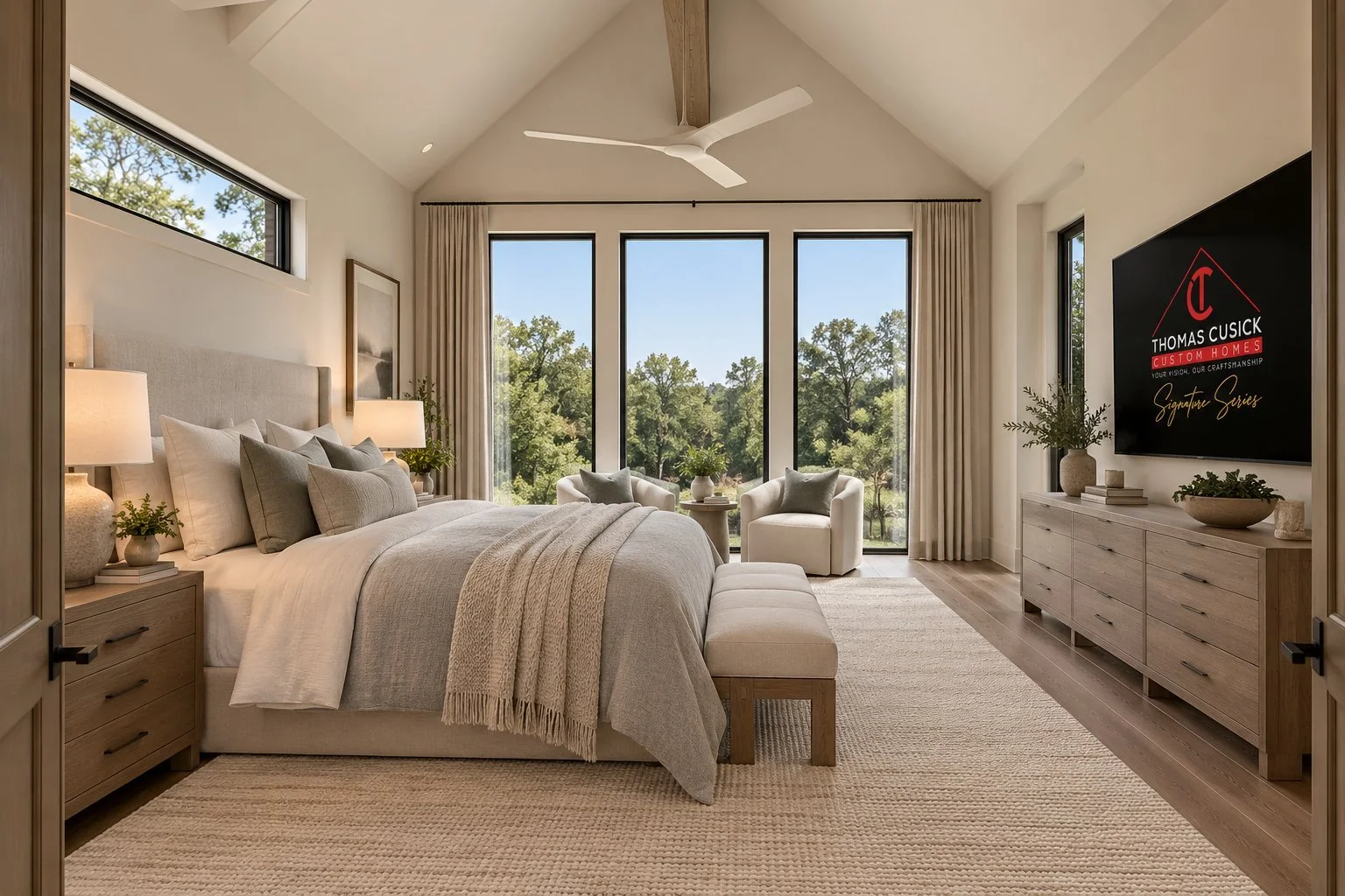 Architectural rendering of Guest bedroom with vaulted ceiling proposed for 13824 Braemar Dr in Dallas, Texas.