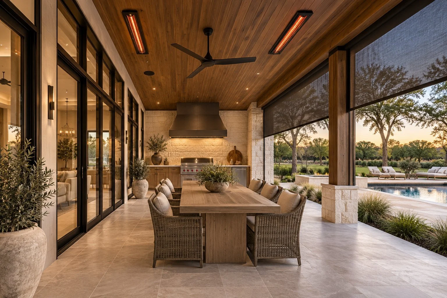 Architectural rendering of Covered outdoor dining area beside the pool proposed for 13824 Braemar Dr in Dallas, Texas.