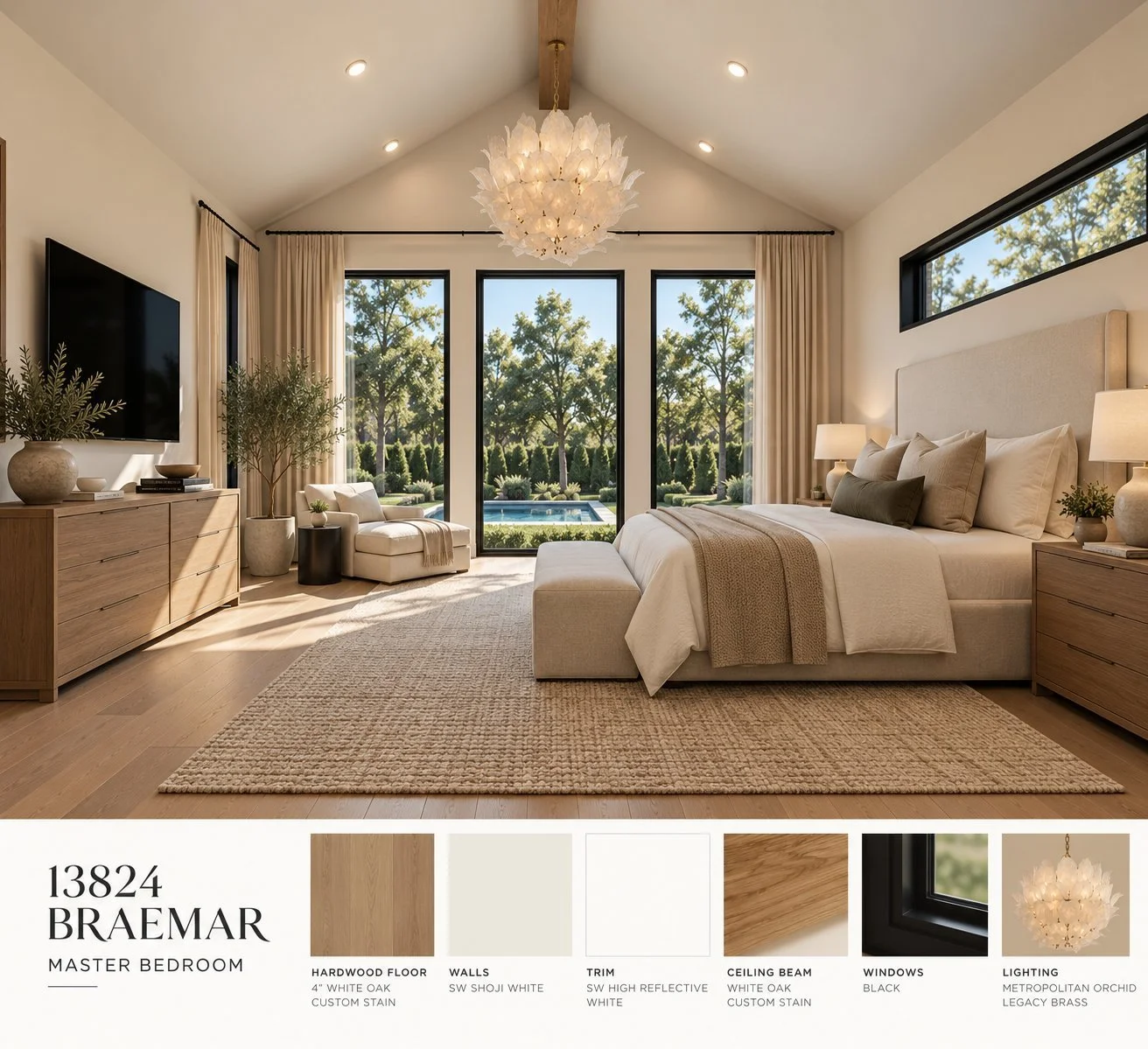 Architectural rendering of Primary bedroom and patio doors design proposed for 13824 Braemar Dr in Dallas, Texas.