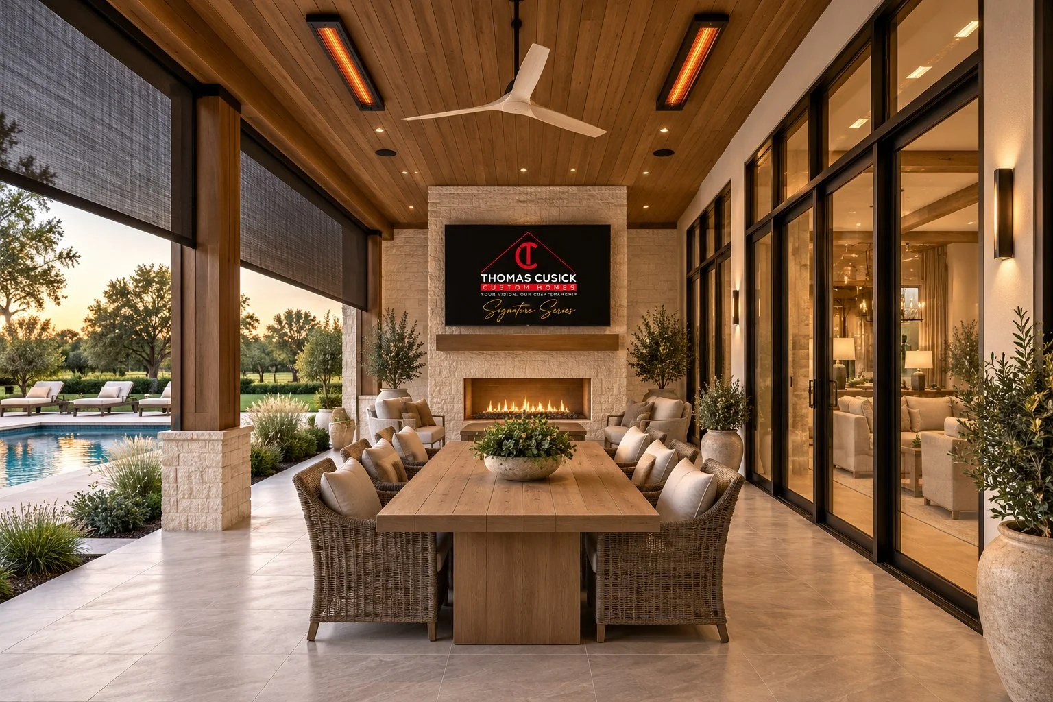 Architectural rendering of Covered patio fireplace and seating proposed for 13824 Braemar Dr in Dallas, Texas.