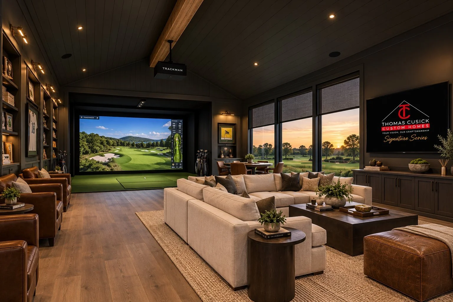Architectural rendering of Game room with golf simulator proposed for 13824 Braemar Dr in Dallas, Texas.
