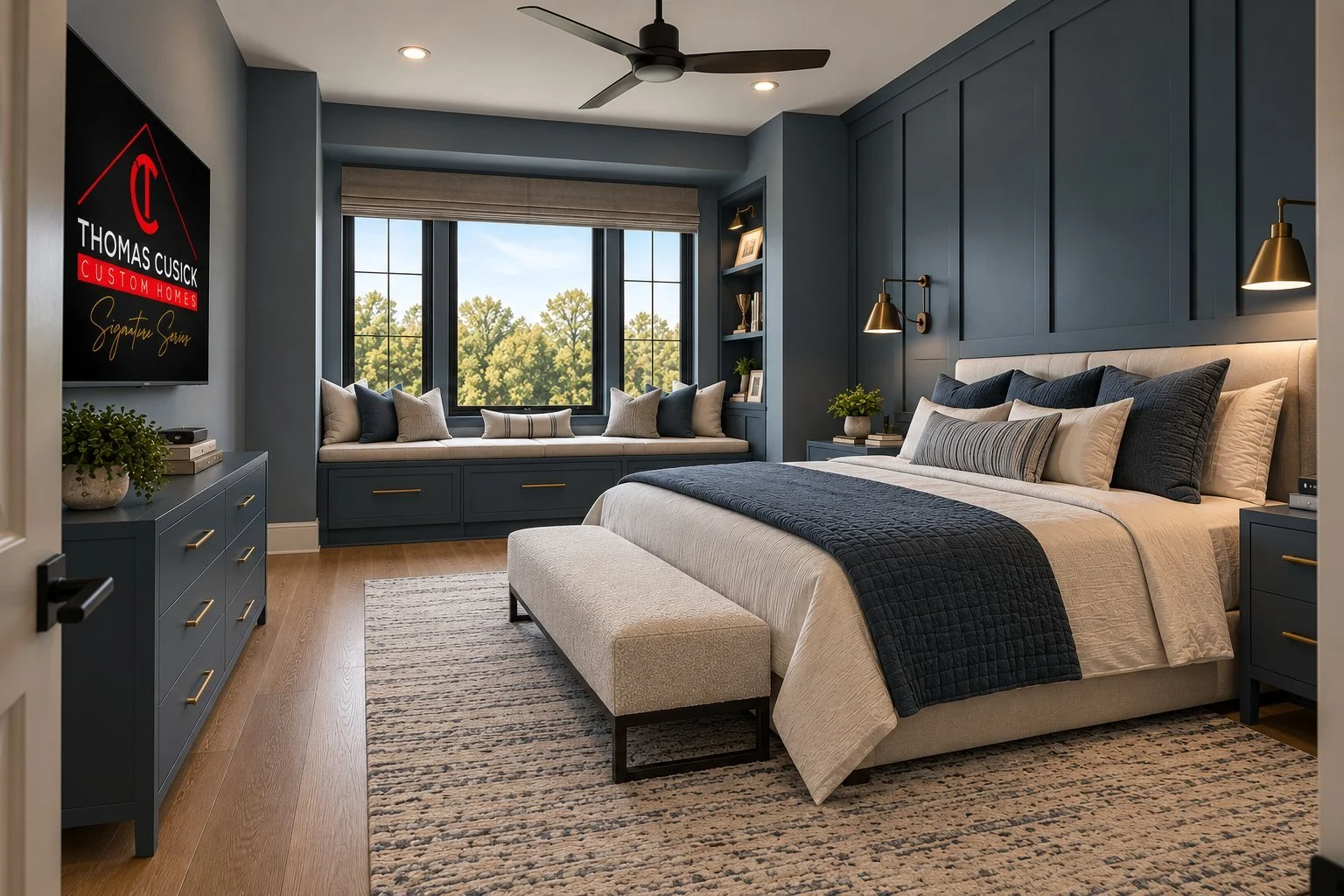 Architectural rendering of Blue guest bedroom with window seat proposed for 13824 Braemar Dr in Dallas, Texas.