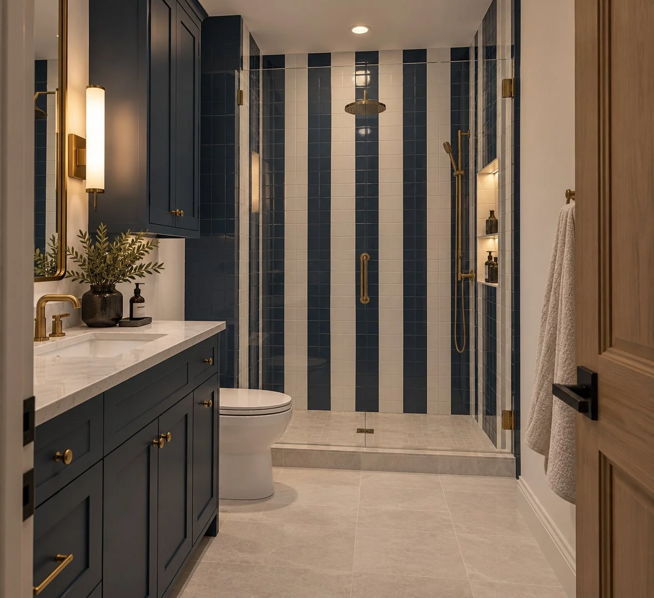 Architectural rendering of Blue guest bathroom with striped shower tile proposed for 13824 Braemar Dr in Dallas, Texas.