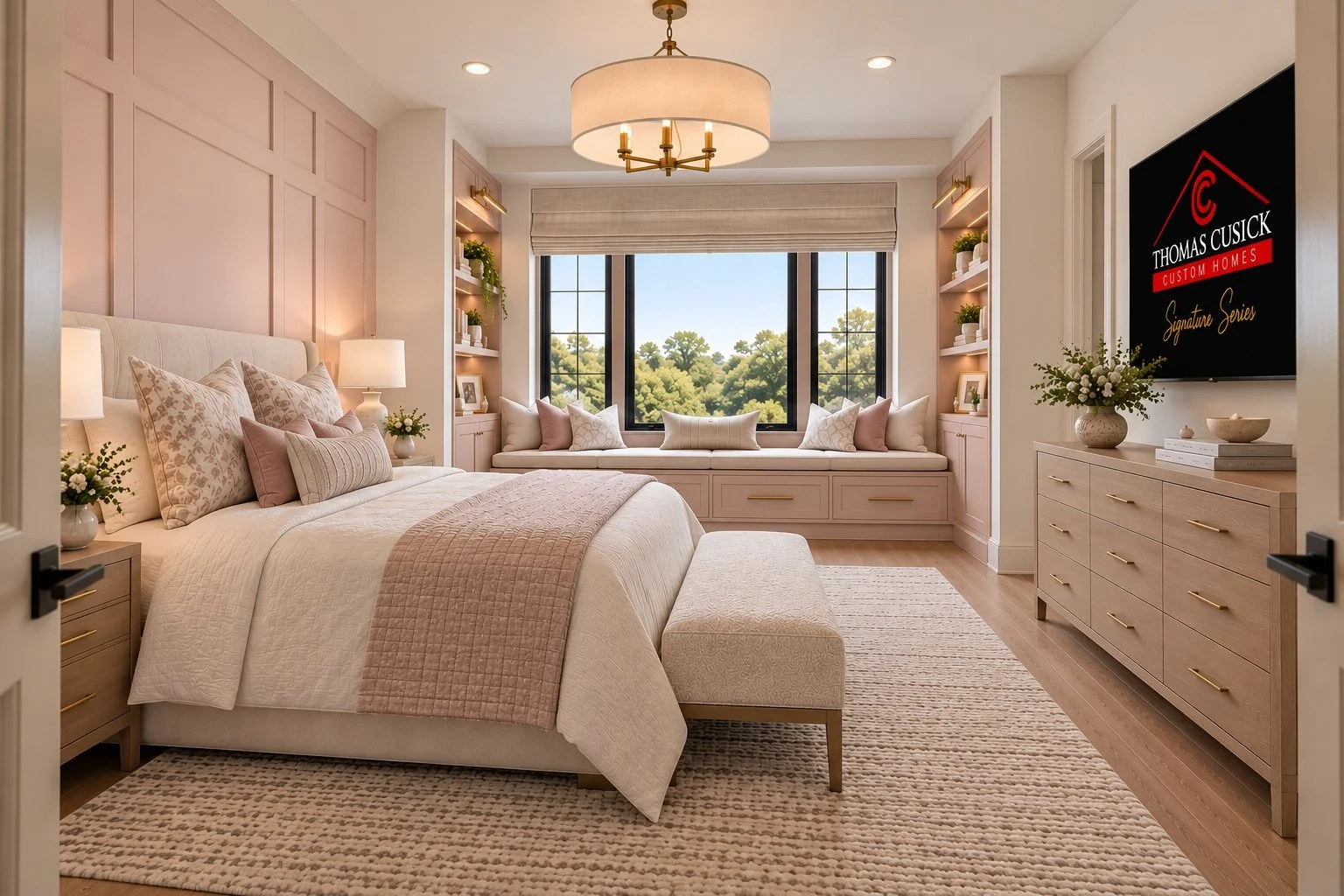 Architectural rendering of Pink guest bedroom with window seat proposed for 13824 Braemar Dr in Dallas, Texas.