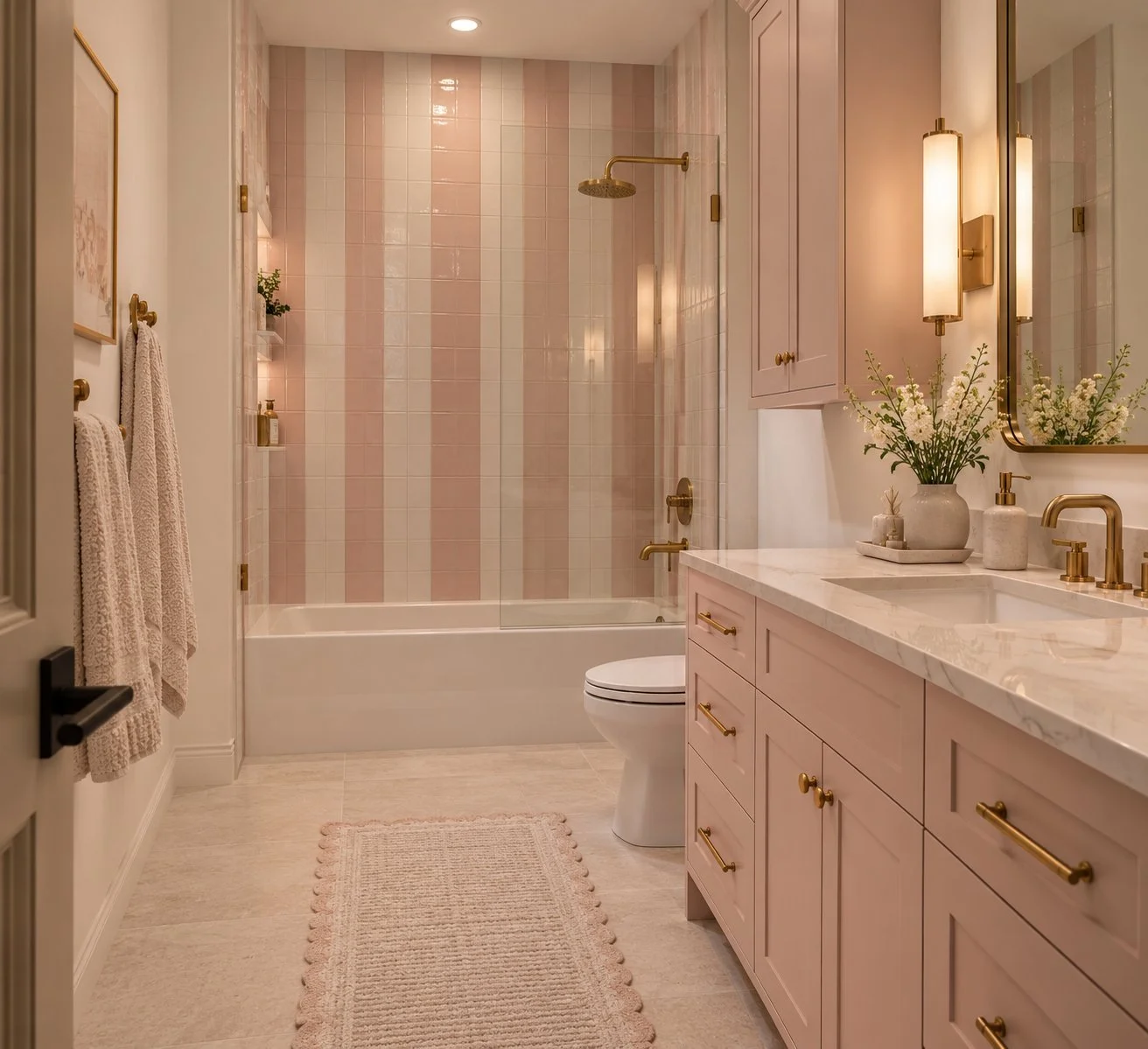 Architectural rendering of Pink guest bathroom and shower proposed for 13824 Braemar Dr in Dallas, Texas.