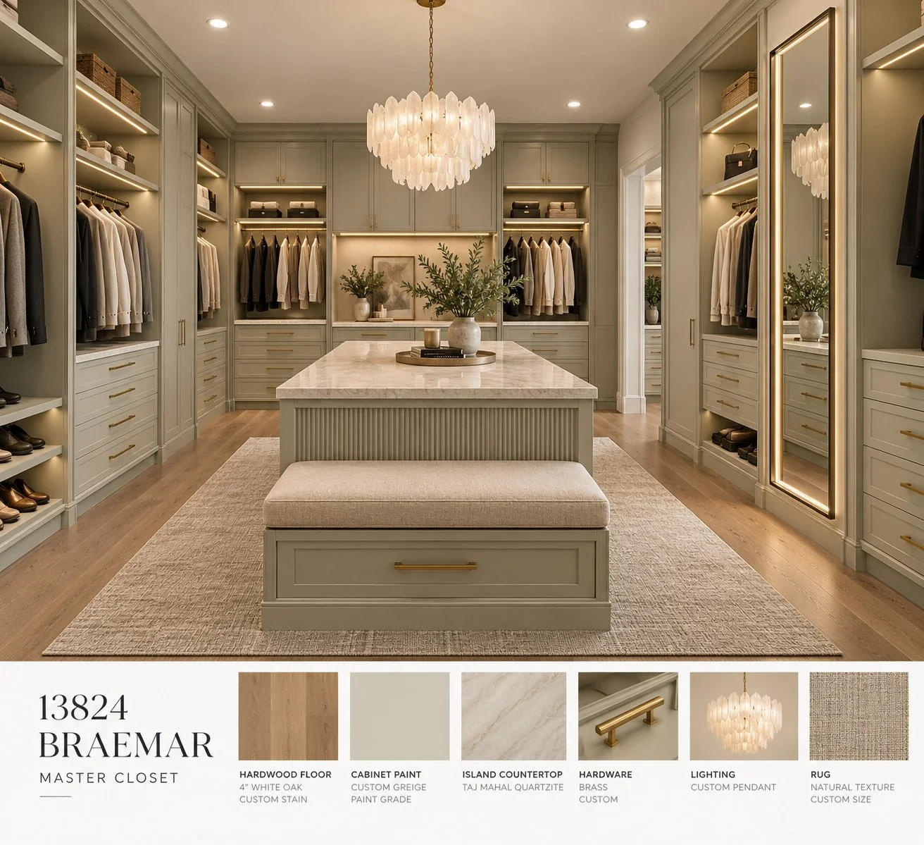 Architectural rendering of Primary walk-in closet design and finishes proposed for 13824 Braemar Dr in Dallas, Texas.
