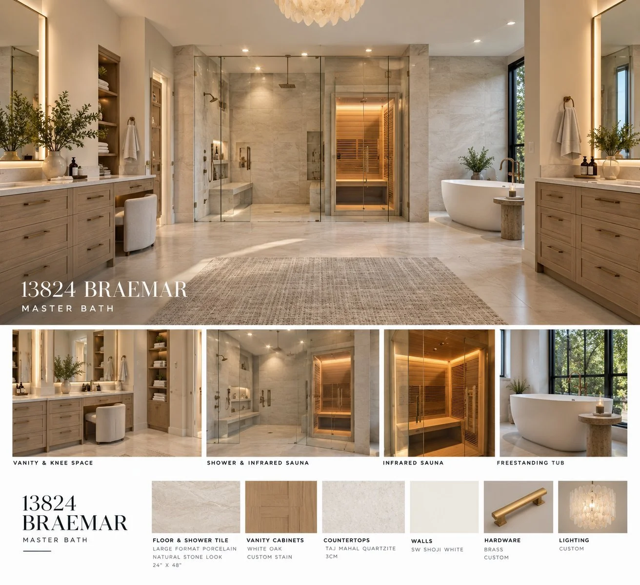 Architectural rendering of Primary bathroom design and finishes proposed for 13824 Braemar Dr in Dallas, Texas.