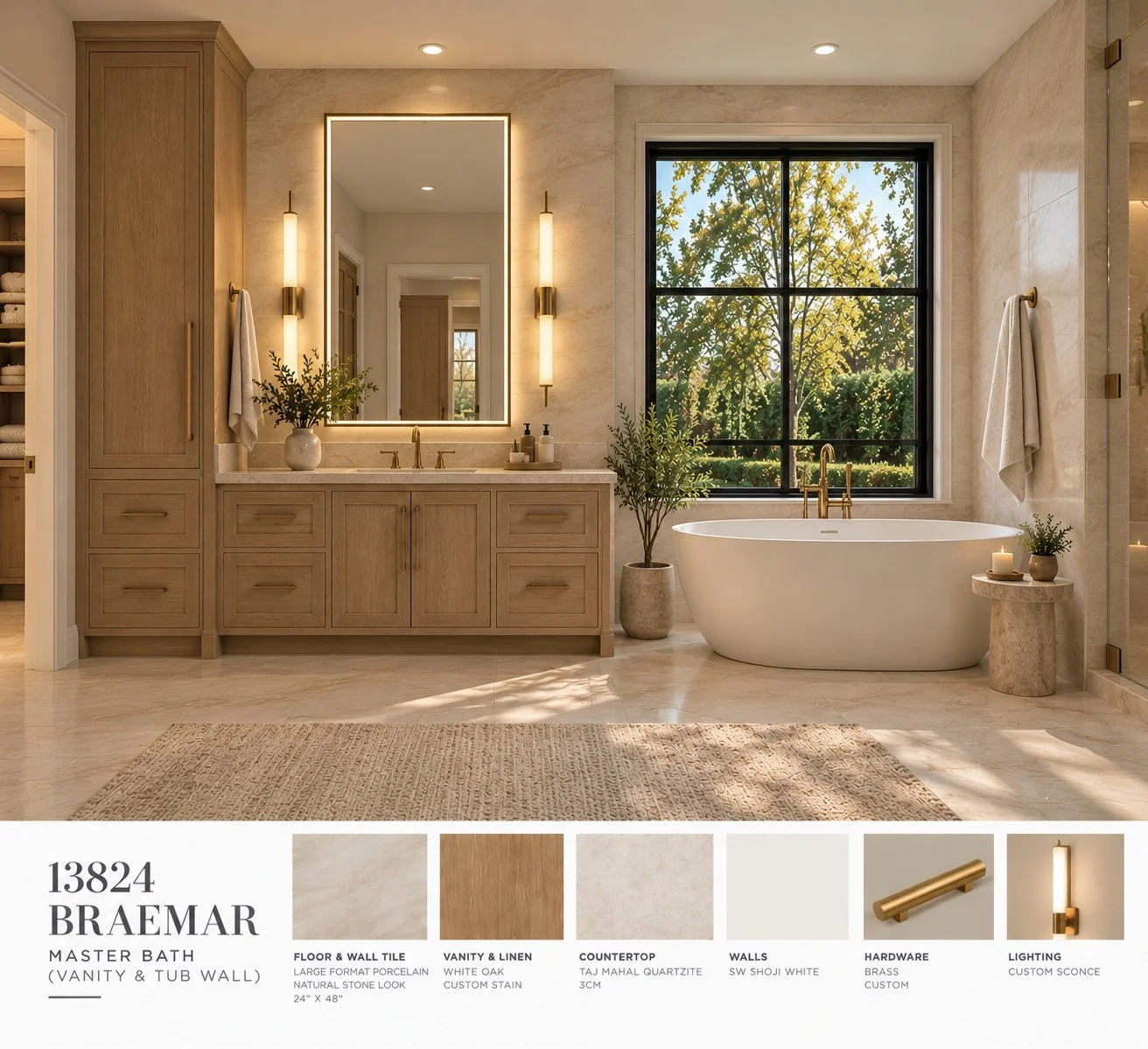 Architectural rendering of Primary bathroom freestanding tub design proposed for 13824 Braemar Dr in Dallas, Texas.