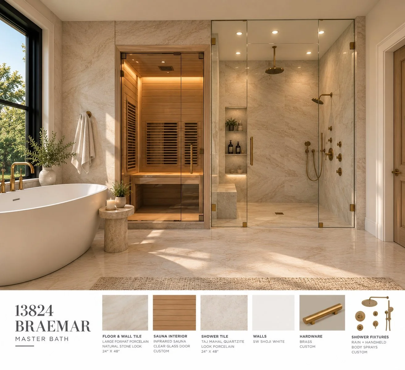 Architectural rendering of Primary shower and sauna design proposed for 13824 Braemar Dr in Dallas, Texas.