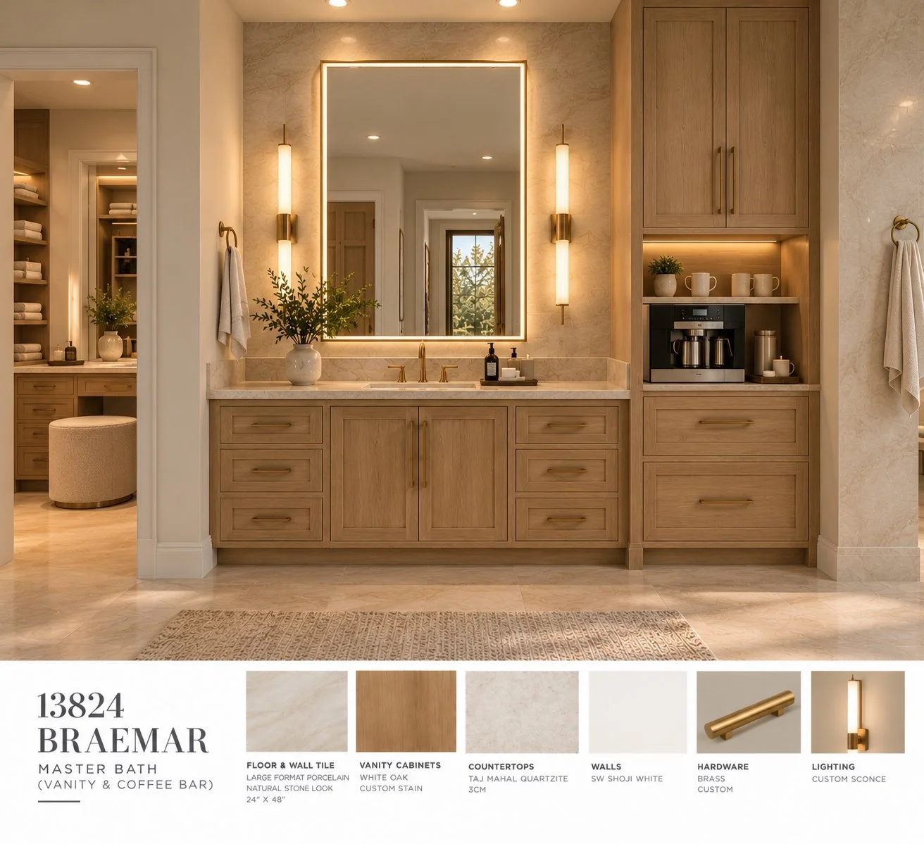 Architectural rendering of Primary vanity design and finishes proposed for 13824 Braemar Dr in Dallas, Texas.