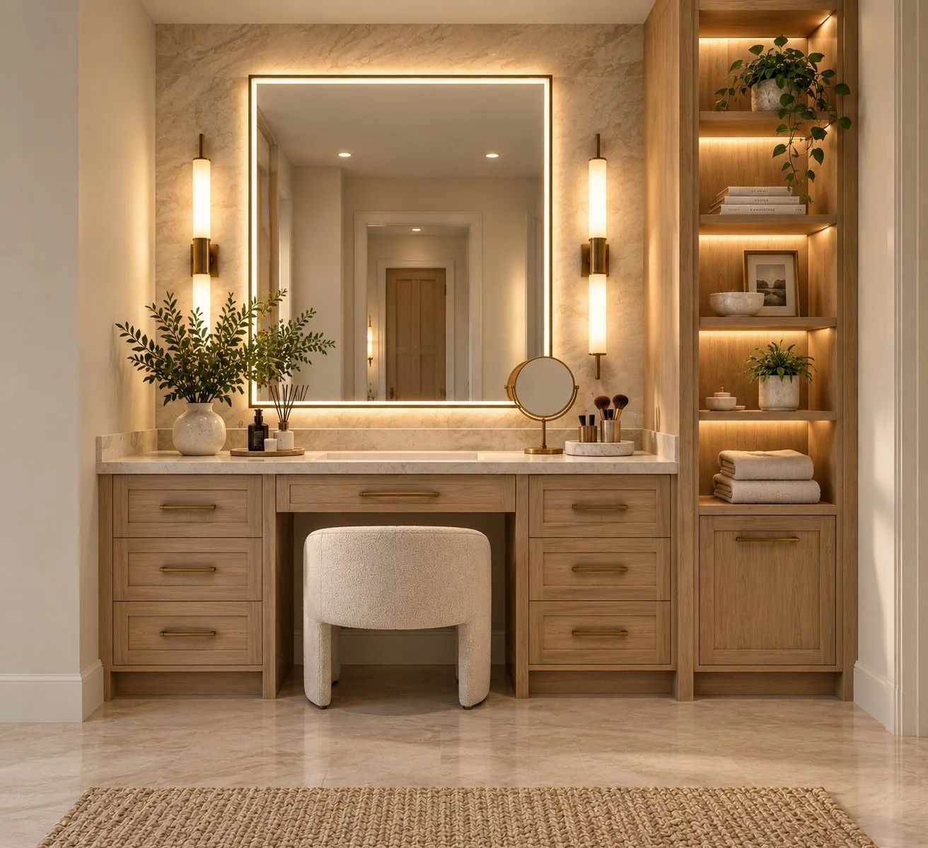 Architectural rendering of Dressing vanity and illuminated mirror proposed for 13824 Braemar Dr in Dallas, Texas.