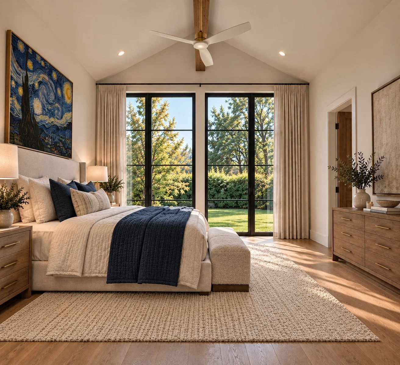 Architectural rendering of Guest bedroom with patio doors proposed for 13824 Braemar Dr in Dallas, Texas.