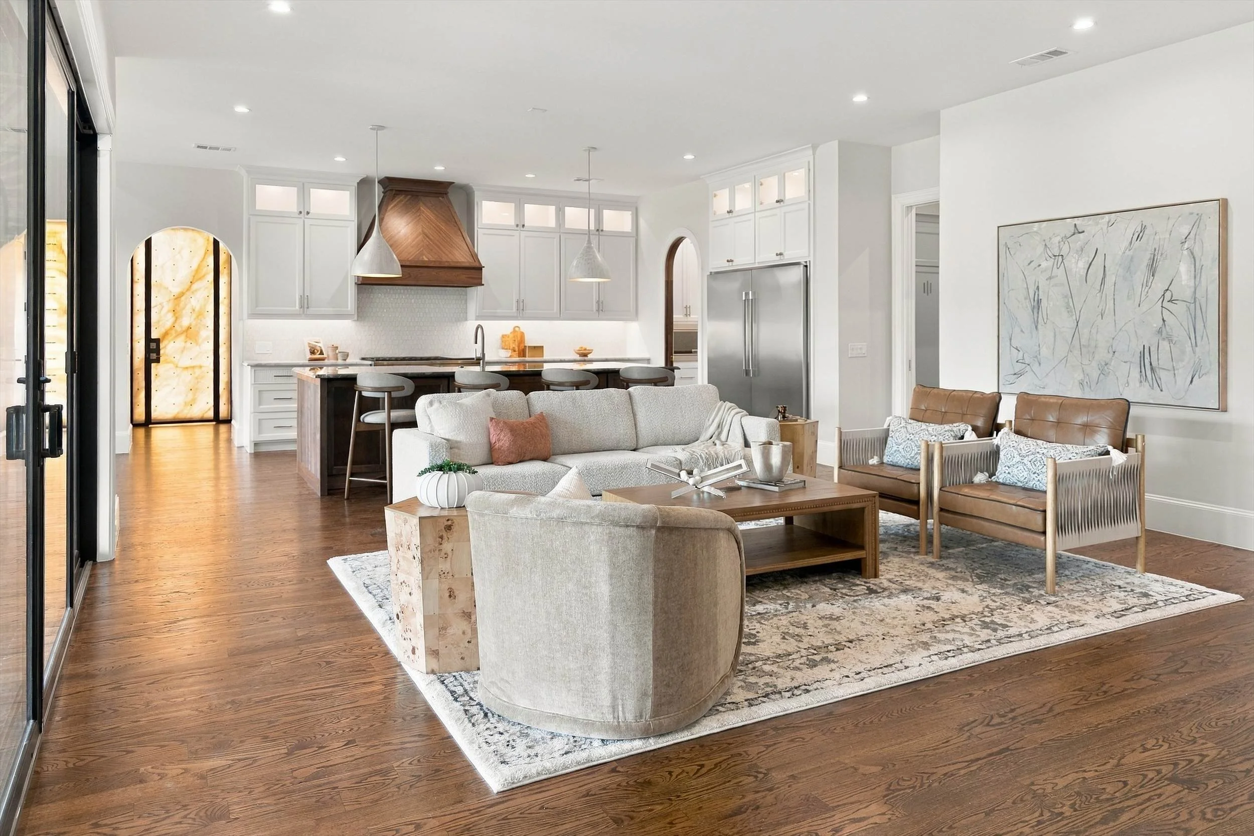 Open-concept living room and kitchen at 3368 Dorado Beach Dr in Dallas, Texas.