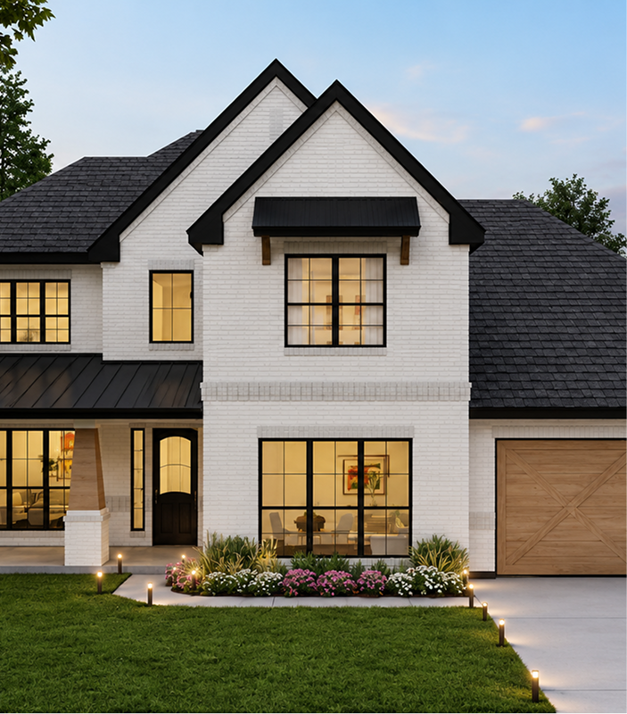 Modern two-story white-brick custom home with dark rooflines, tall windows, front garden, and lawn.