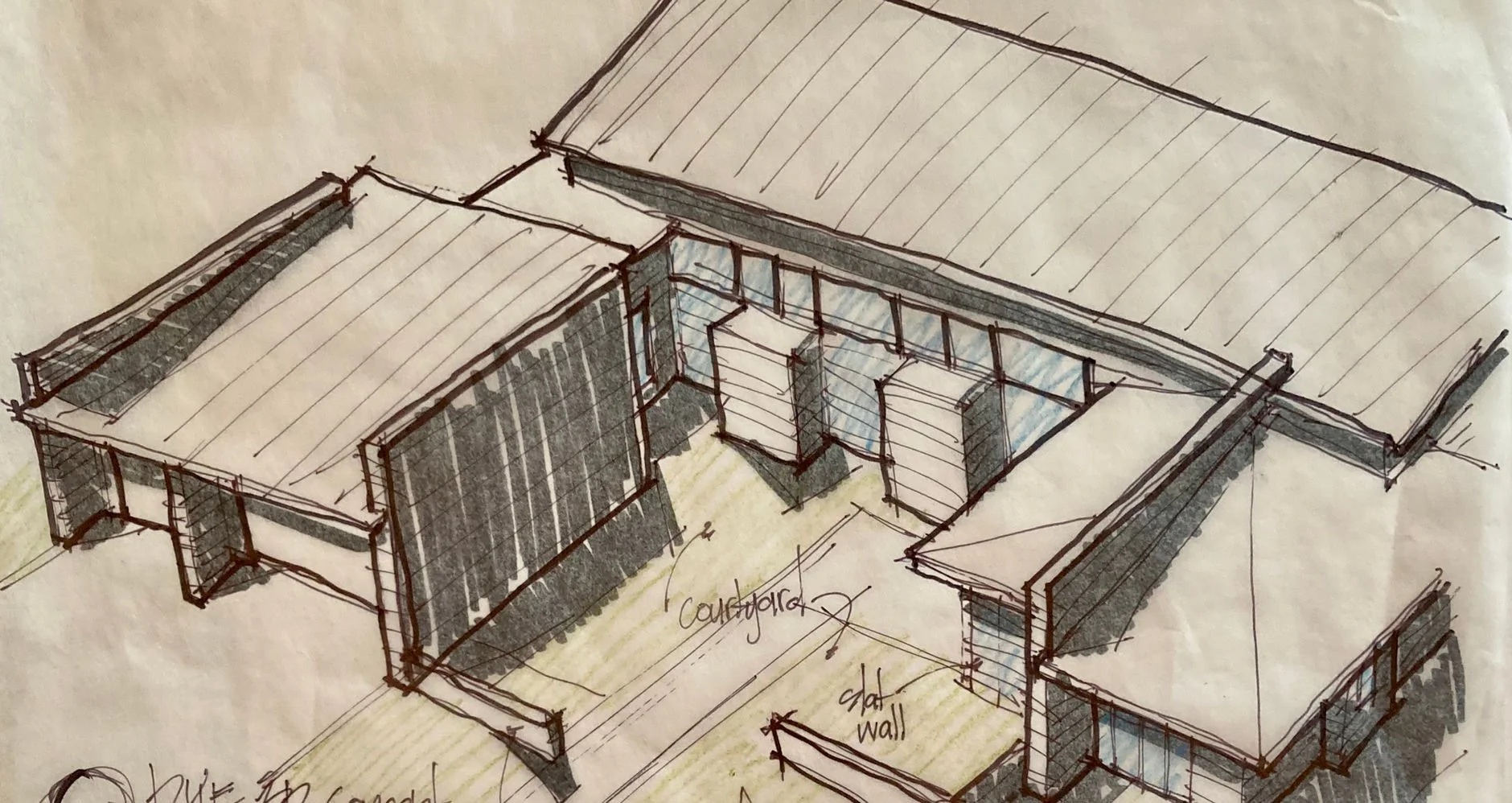 Hand-drawn perspective sketch of a custom home floor plan, showing room layout and exterior walls.