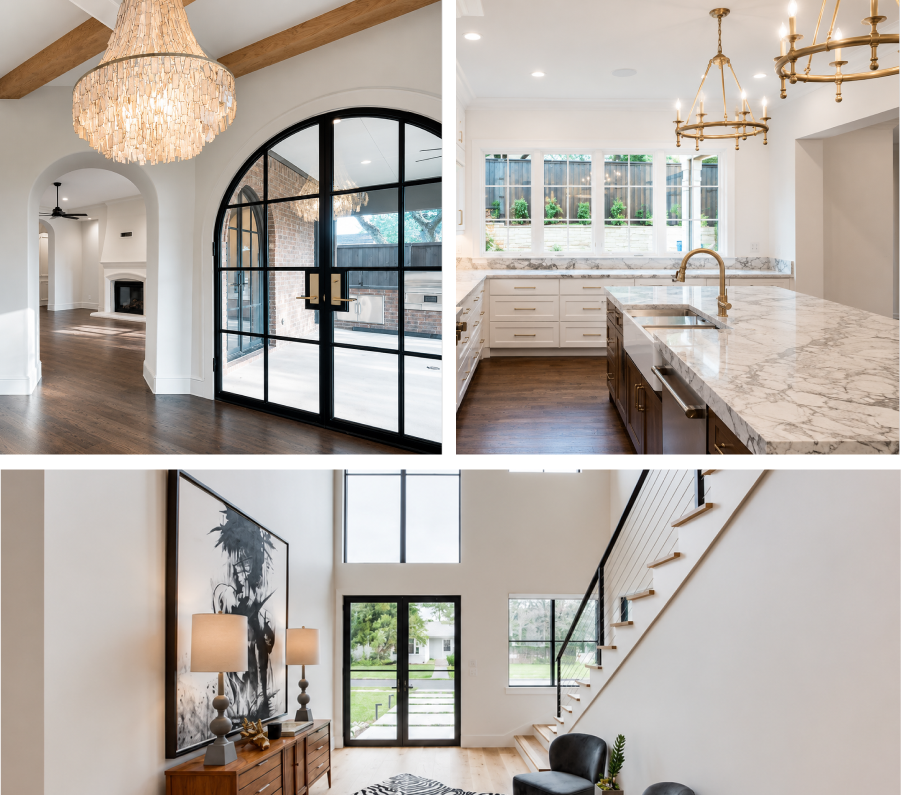 Collage of custom-home interiors featuring an arched glass entry, a stone kitchen island, and a bright living area.